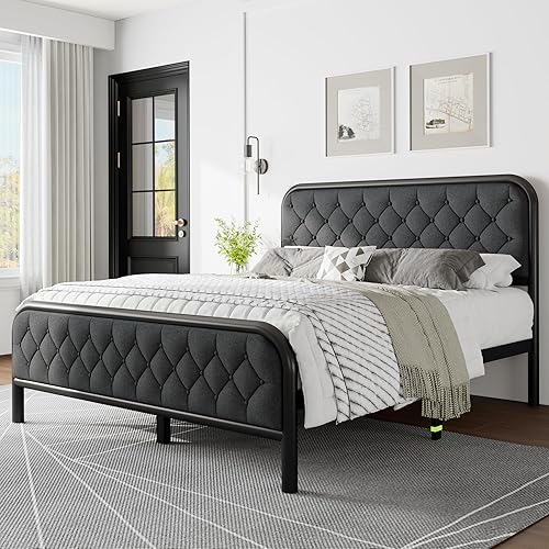 Miniatura 3 de Feonase Base de cama tamaño Queen con cabecera tapizada de lino, cama de plataforma de metal resistente con espacio de almacenamiento debajo de la