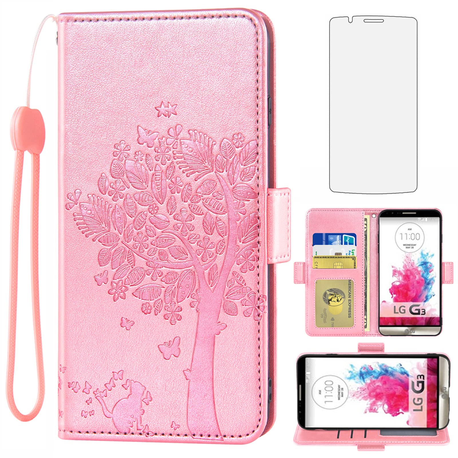 Asuwish Compatible with LG G3 Wallet Case and Tempered Glass Screen Protector Flip Purse Accessories Wrist Strap Credit Card Holder Stand Rugged Cell Phone Cover for LGG3 LG3 D850 D851 Women Rosegold