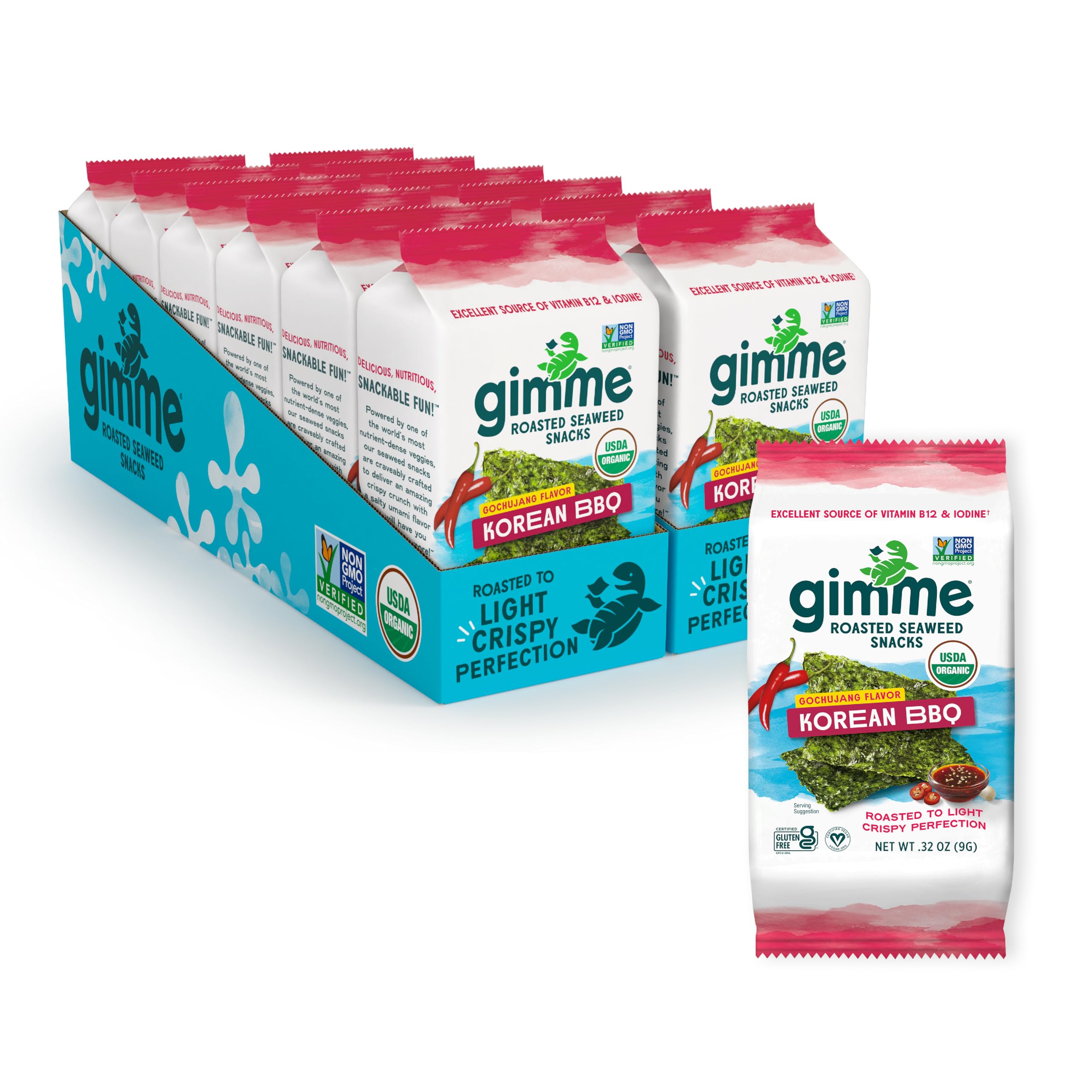 Gimme Seaweed Organic Premium Roasted Seaweed Snacks, Korean BBQ, 12 Count Sharing Size, Keto, Vegan, Gluten-Free, Great Source of Omega3s and Iodine, Healthy On-The-Go Snack for Kids and AdultsUSDA Organic
