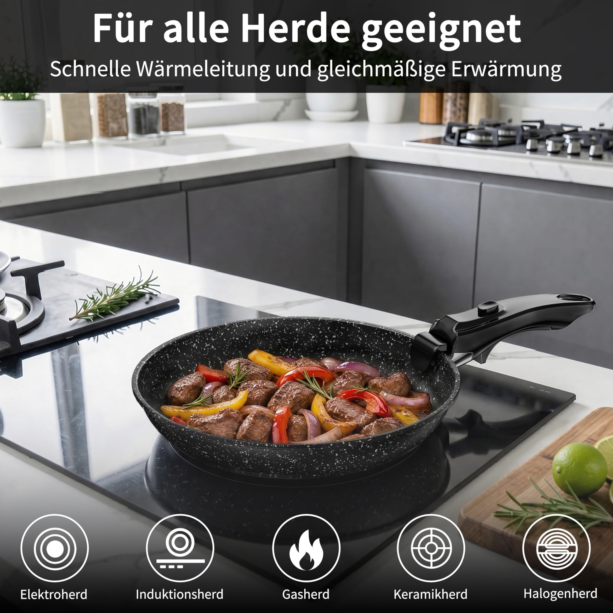 Kiseely Pfannenset mit Abnehmbarer Griff,Bratpfanne mit Antihaft beschichtung,Cool-Touch Handles Suitable for Induction,Electric and Gas Cookers,Platzsparend Pfannen. (Tiefschwarz)