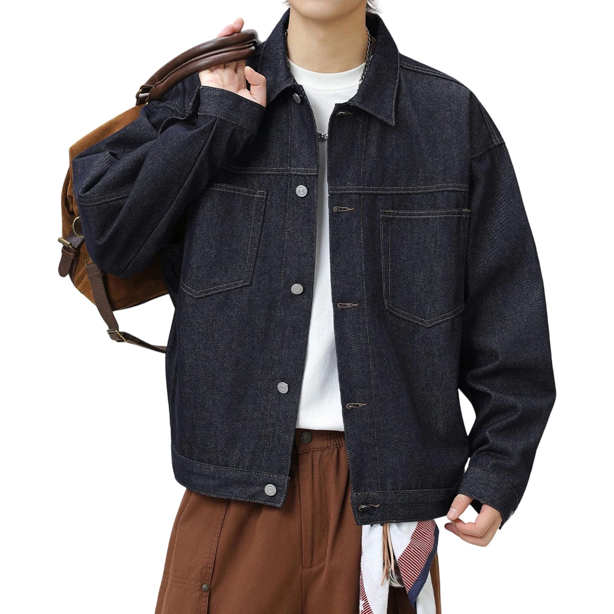Giacca da uomo in denim con tasche | Colletto classico da camionista con risvolto,Button Down,Leggero basso elasticizzato,Vestibilità ampia squadrata rilassata
