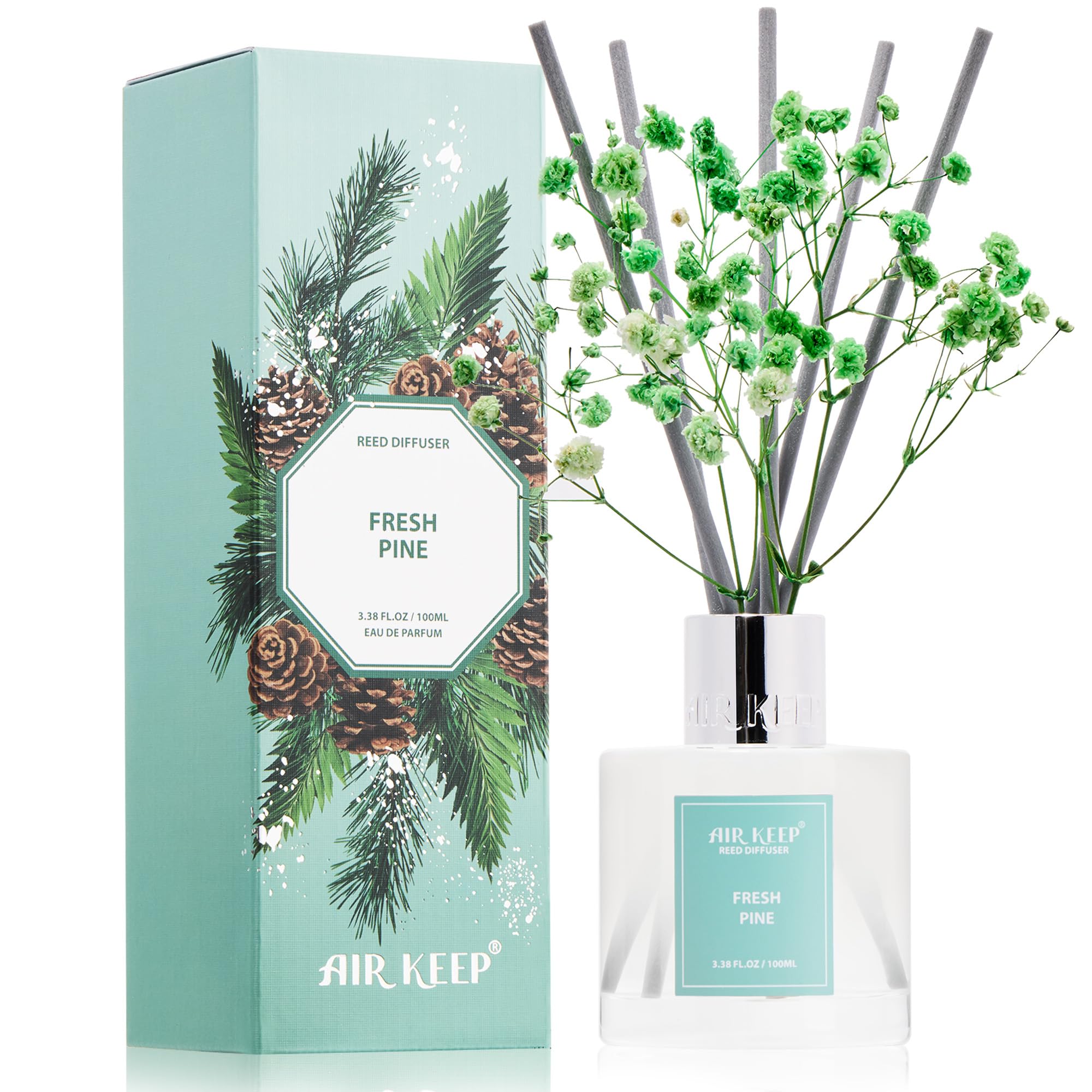Airkeep Reed Diffuser Set,3.38 fl oz (100 ml) - Fresh Pine Oil Diffusers with 8 Reed Sticks, Home Fragrance Reed Diffuser for Bathroom Shelf Decor