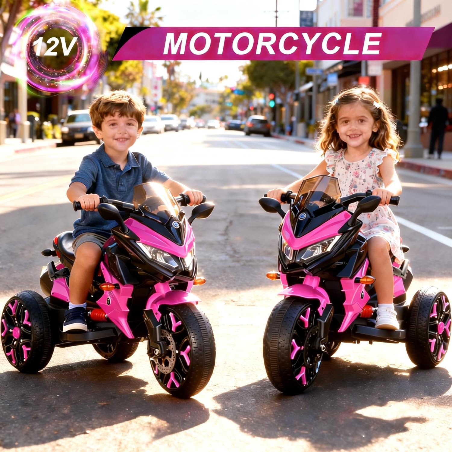 12V Electric Kids Motorcycle for 3-8 Year Old Boys Girls, 3-Wheel Ride-On Toy Motorbike with Lighting Wheels, Music Player (Connect with Phone) and Hand Drive (Pink)
