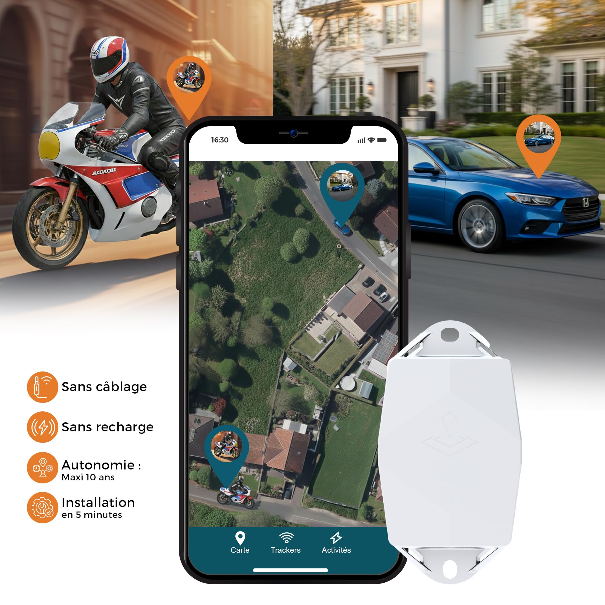 Tracciatore GPS Maxi bianco, per auto e moto, durata 5 anni, monitoraggio discreto, senza ricarica, abbonamento richiesto tramite app, ideale per veicoli, rimorchi, barche, cantieri