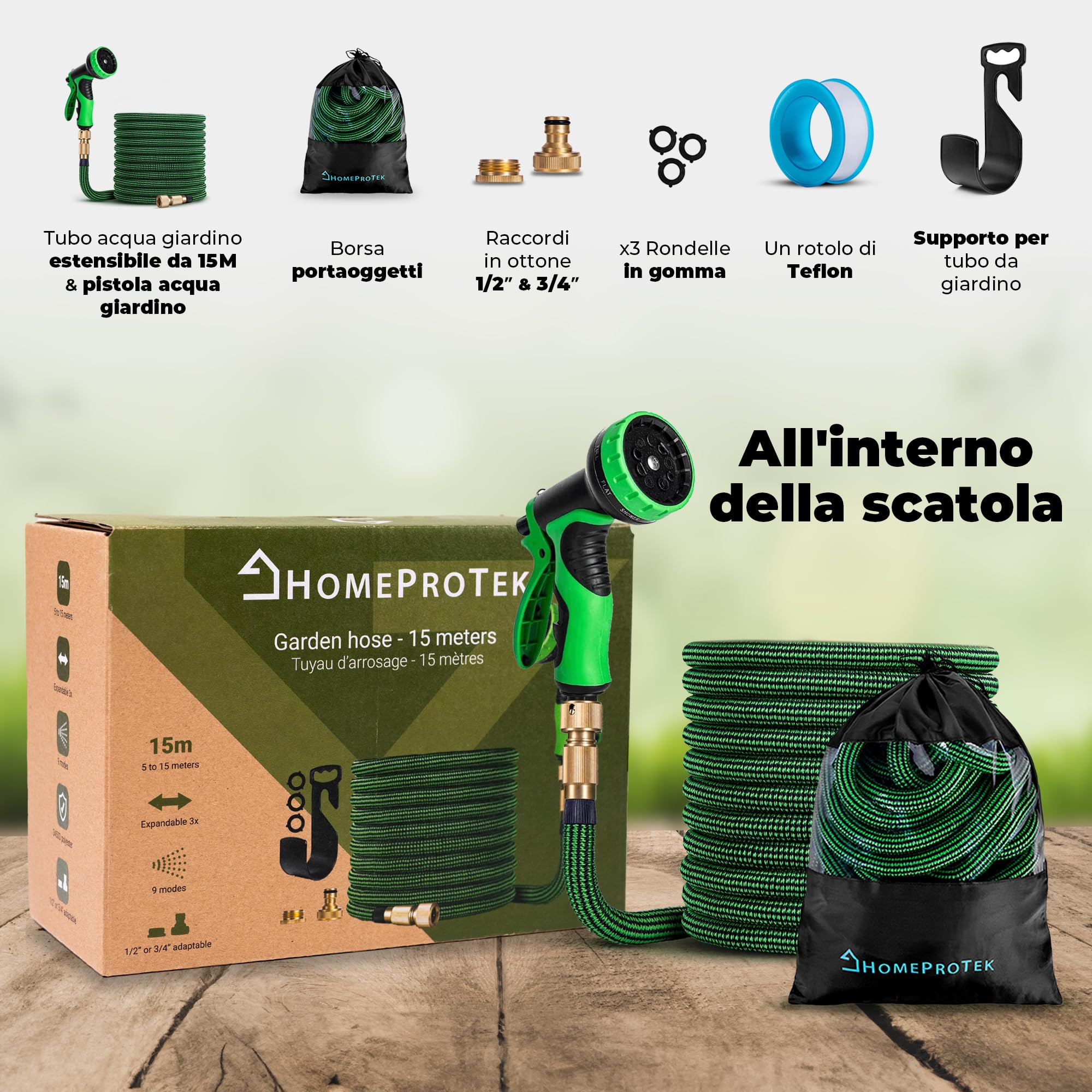 HOMEPROTEK Tubo Acqua Giardino Estensibile Da Giardino 15 Metri Con Pistola Acqua a 9 Modalità di Spruzzo - Tubo Irrigazione con Raccordi in Ottone da 1/2" e 3/4 | Tubo Irrigazione Estensibile Con Pistola 9 Getti, Raccordi Ottone 1/2 E 3/4; Flessibile Rin