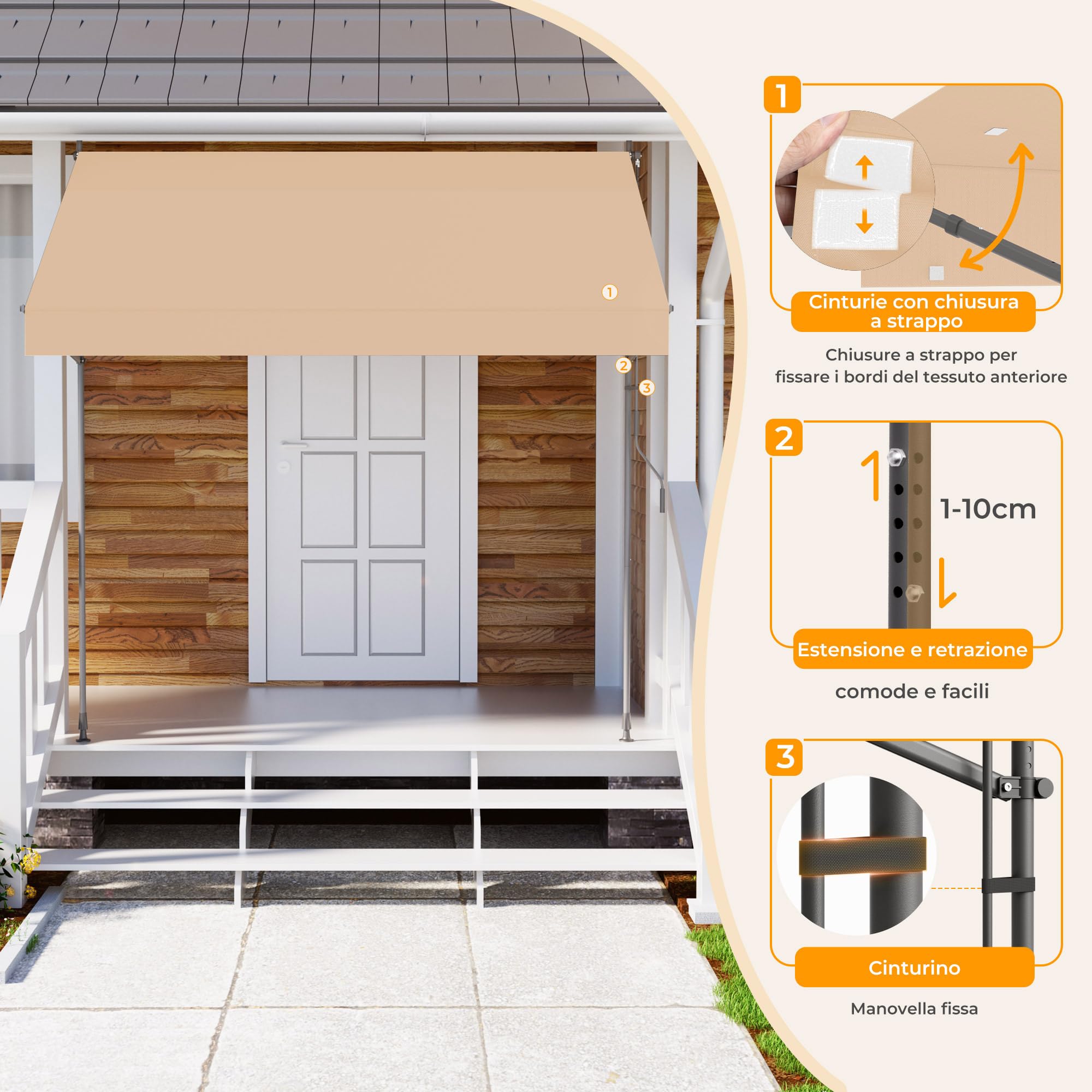 Tenda da Sole a Morsetto con manovella regolabile, Impermeabile Anti-UV, 200 cm x (120-150) cm Cachi