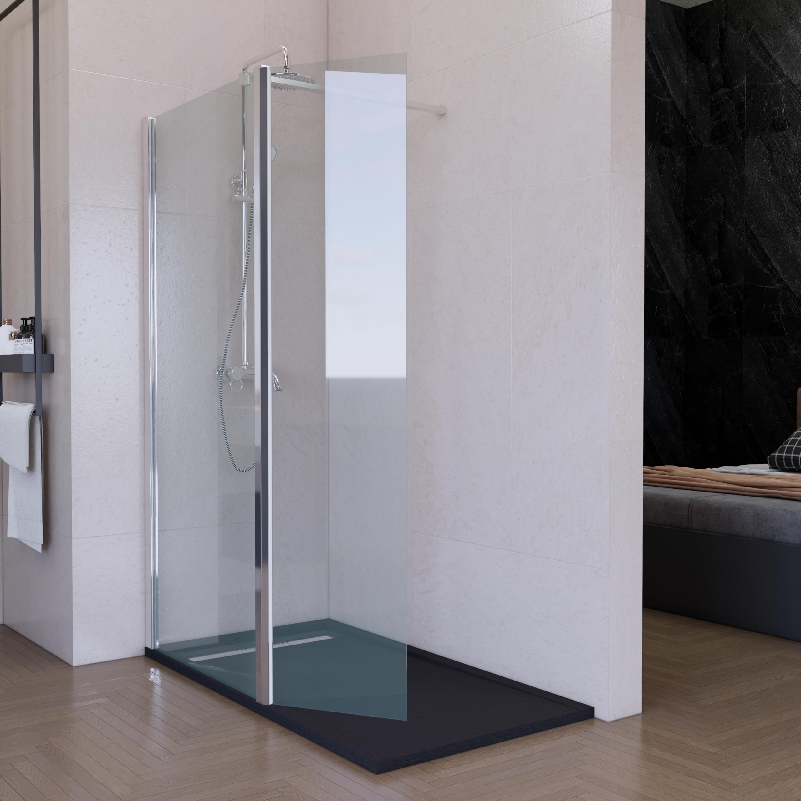 Mampara de Ducha Fija con Panel Abatible Cromo 60 cm + 40 cm – Cristal Templado 8 mm Antical – Mampara Walk In Reversible para Baño Moderno – HOGAKIS