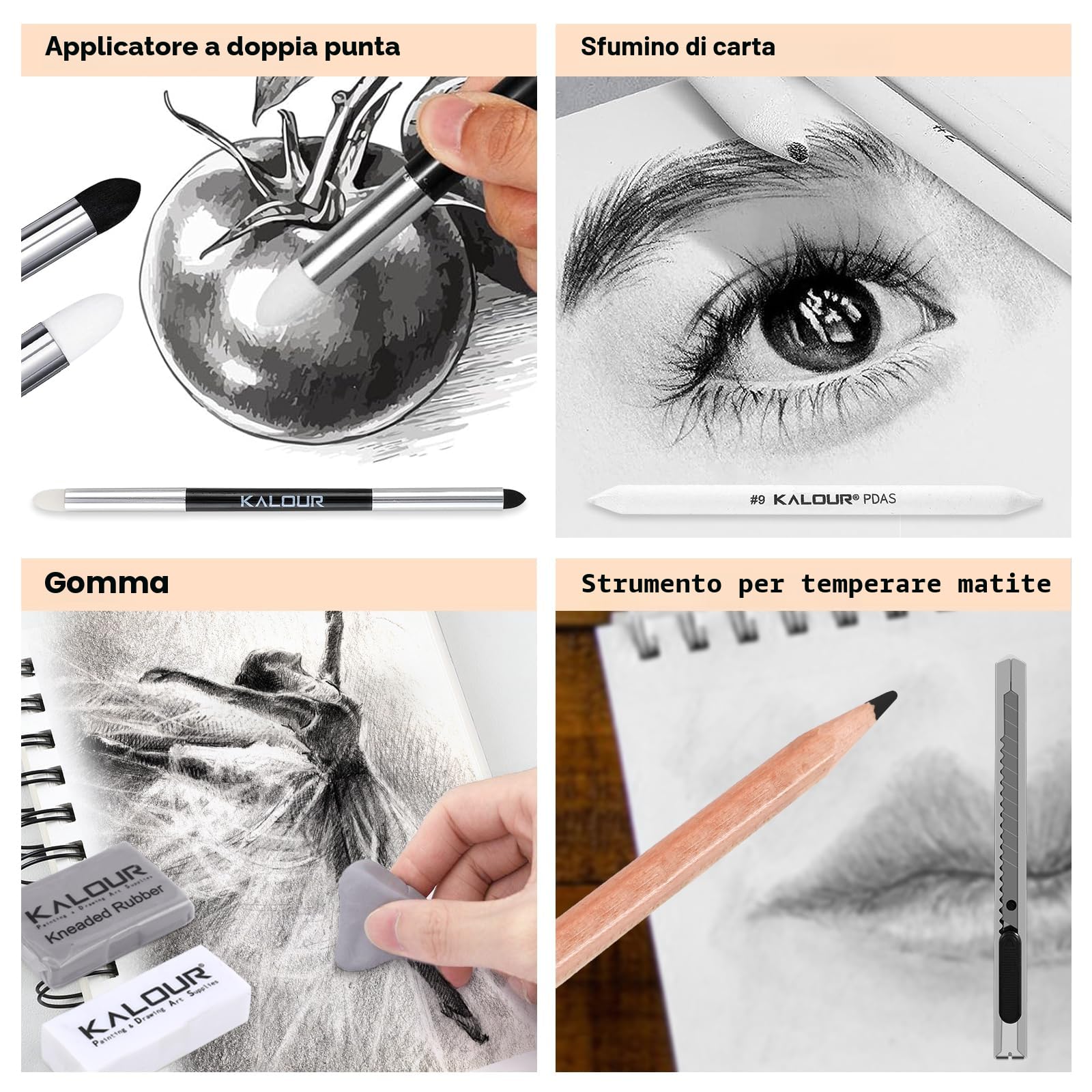 KALOUR PDAS Set di Disegno a Carboncino da 22, Forniture Artistiche Professionali, Matite a Carboncino Nero e Bianco per Disegno, Schizzo, Ombreggiatura, Sfocatura, per Principianti e Artisti
