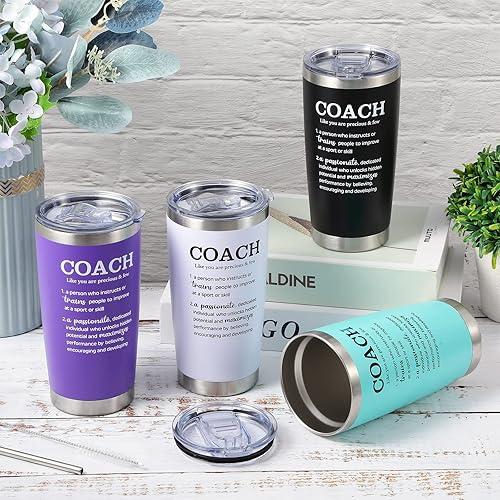 Miniatura 10 de Paquete de 4 vasos de acero inoxidable de 20 onzas con tapa, popote y cepillo, regalo de agradecimiento para entrenador, voleibol, baloncesto,