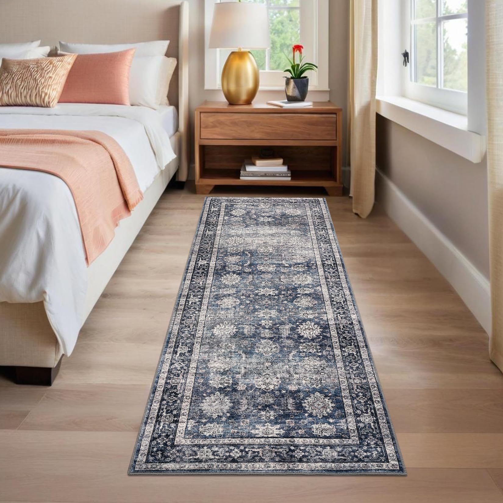 LuxFocus Washable Runner Rugs for Hallway 60x230cm, Non-Slip Kitchen Rug, Low Pile Vintage Distressed Carpet Runners, Oriental Carpet Indoor Carpets for Bathroom Entrance, Distressed Blue