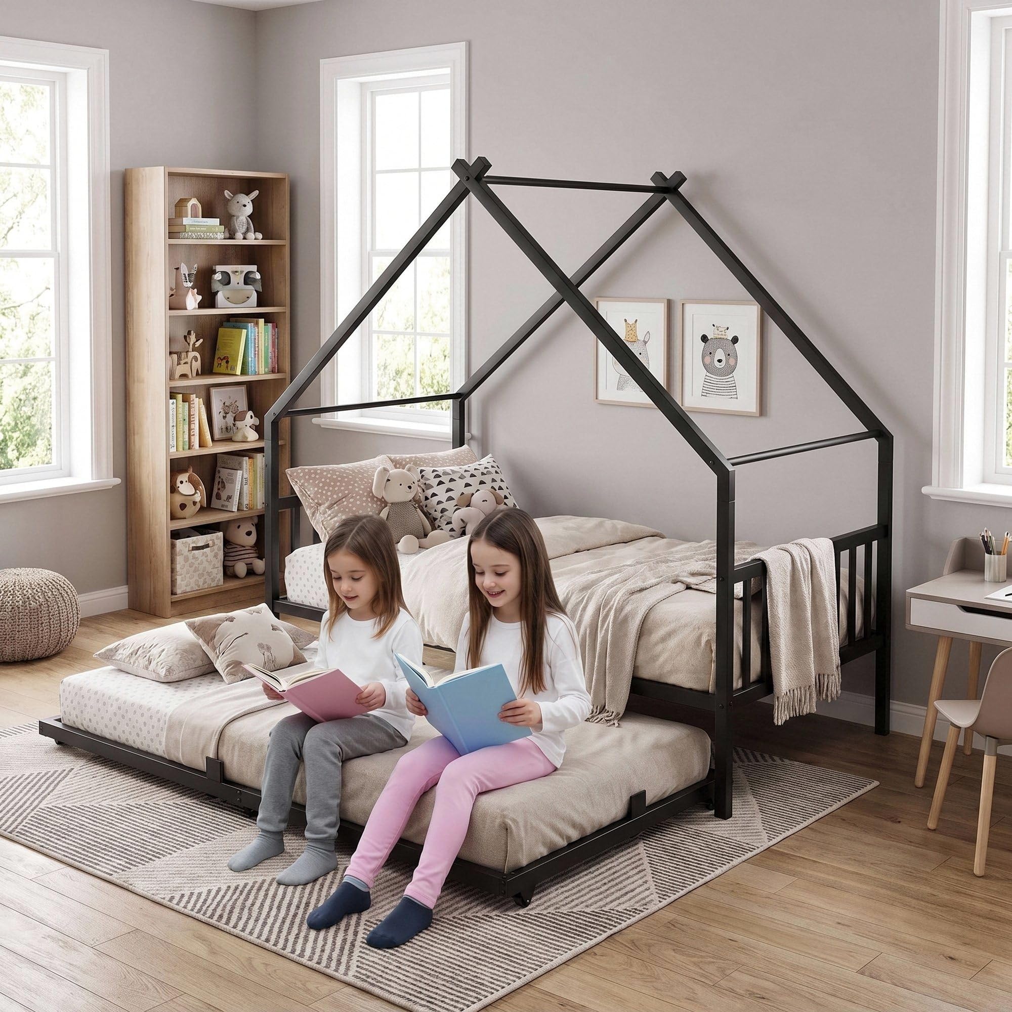 LIKIMIO Twin House Daybed with Trundle, Heavy Duty Bed Frame, Black — product photo