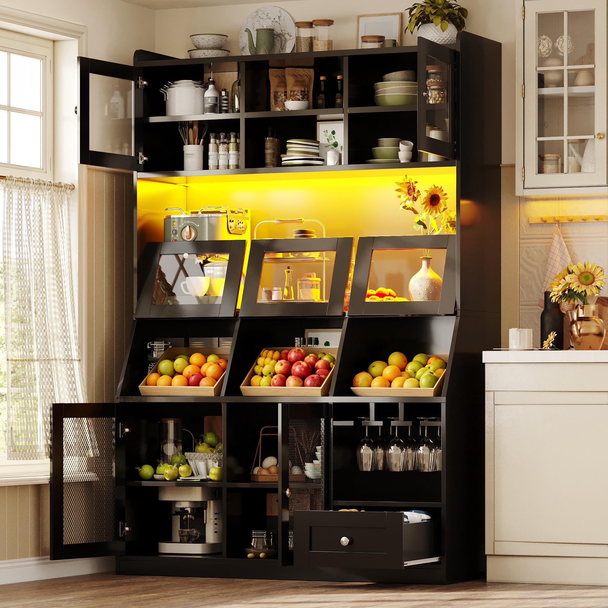 Buffet Haute Cuisine L120 x P40 x H182 cm, Armoires de Cuisine, Vaisselier avec Port USB, Meuble Cuisine Rangement avec Portes Vitrées, éclairage LED, Un Plan de Travail spacieux, Noir