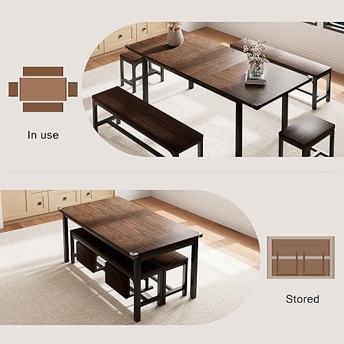 Miniatura 2 de Juego de mesa de comedor de 5 piezas para 4-6, juego de mesa de cocina extensible de 63" con 2 bancos y 2 taburetes, juego de mesa de comedor