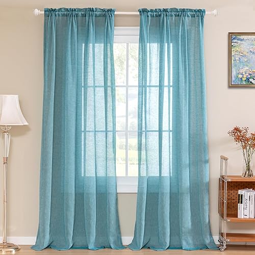 Turquoize Cortinas de lino 84 para dormitorio, paneles de lino natural, tejido casual, texturizado, privacidad, mezcla de lino, cortinas de