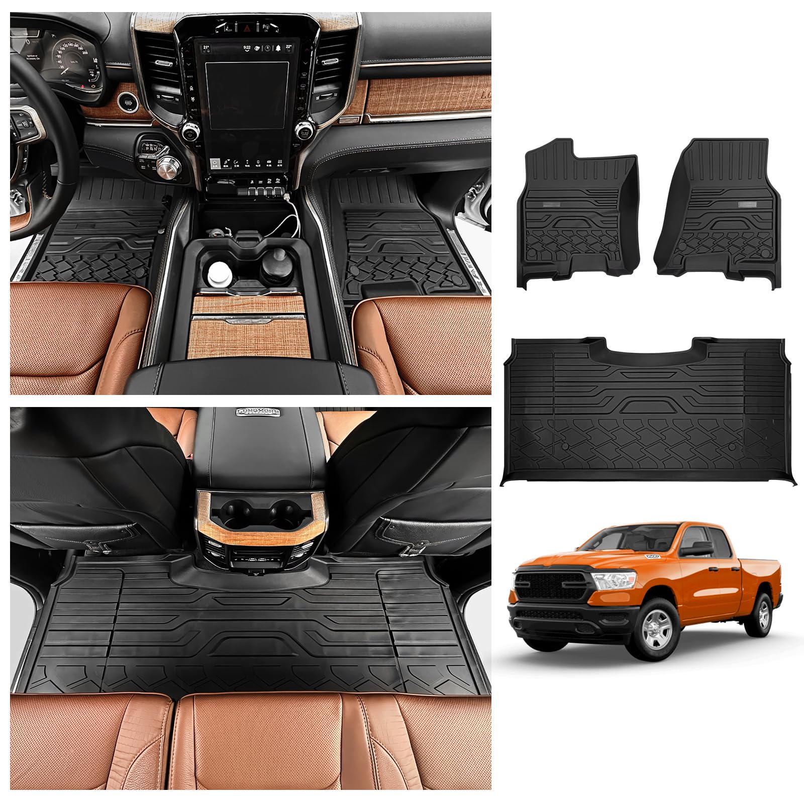 JTYZSM Floor Mats for 2019-2024 Dodge Ram 1500 Crew Cab New Body (Not Fit Classic) 2nd with Rear Under-Seat Storage Box Bucket Seat, All-Weather Floor