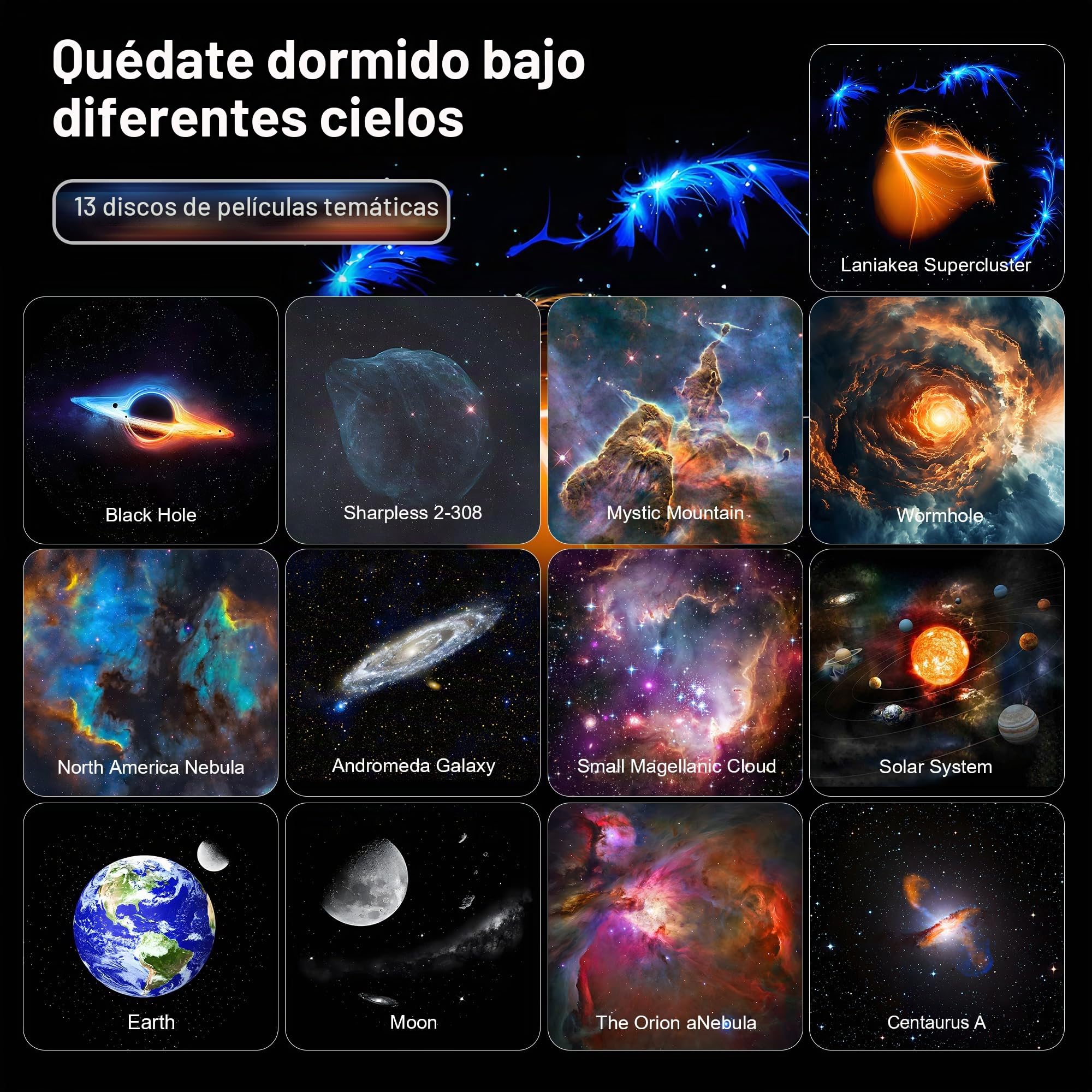 Proyector Estrellas Planetario Pro con 13 Discos de Película, Proyector de Galaxias y Estrellas Real con 13 Discos de Película, Luz Nocturna Infantil,Rotación 360 °, Temporizador