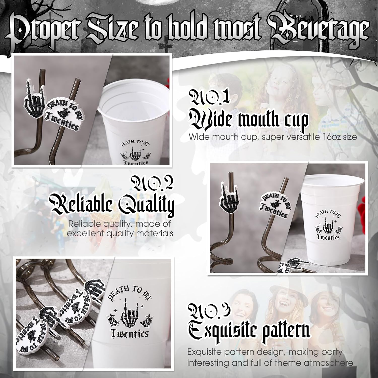Jingmore 32 Pack Death to My 20s Decorations 16 Pcs Rip 20s Birthday Cups 16 oz Disposable Plastic Black White Cups and 16 Pcs Gothic Straws 30th Birthday Decoration for Halloween Party Supplies
