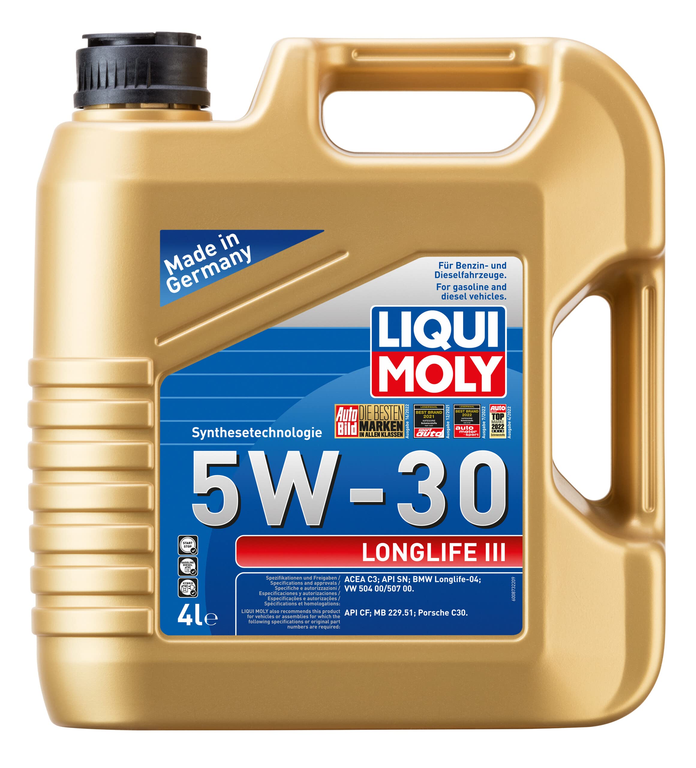 LIQUI MOLY Aceite de motor 5W-30 Longlife III Aceite sintetico ACEA C3 API SN API CF 4L Compatible con VW Polo V Hatchback 6R1, 6C1 up! Hatchback 121, 122, BL1, BL2, BL3, 123, TOYOTA AYGO WNB1, KGB1