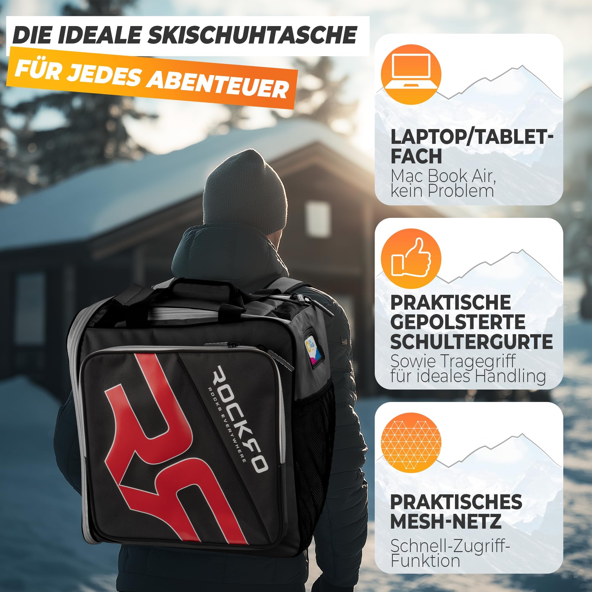 Skischuhtasche mit Helmfach, Robuste Tasche für Skischuhe, Wasserabweisende Skistiefeltasche mit Helmfach, Praktischer 7 Zonen Ski Rucksack für Ski Schuhe Helm Skibrille, 49L