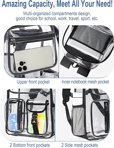 Miniatura 8 de Mochila transparente resistente para la escuela, bolsa transparente grande de 17 pulgadas para niños, niñas, mujeres, hombres, 360 3M tiras