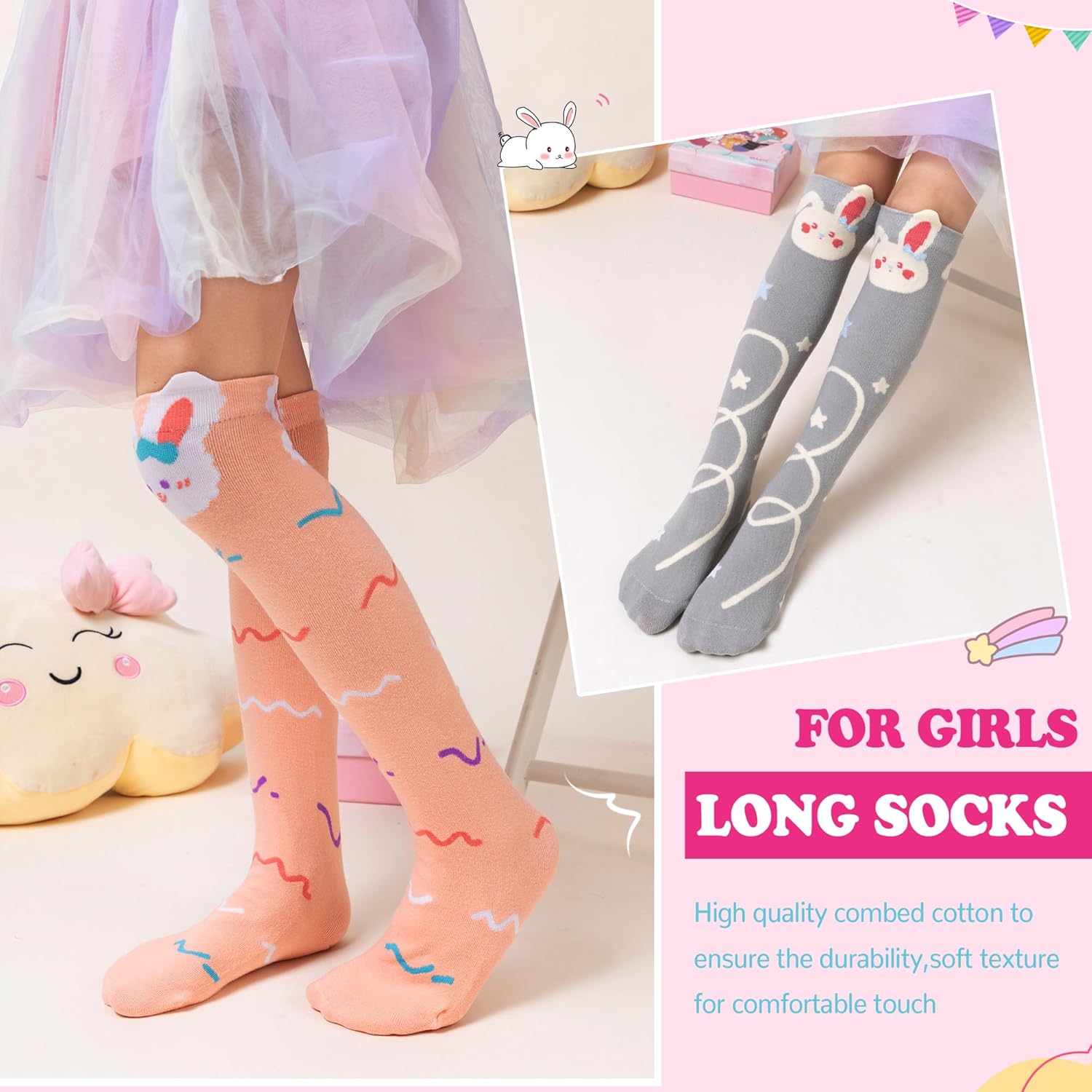 WEVIAS Girls Knee High Socks Kids Long Crazy Fun Silly Gifts Boot Cute Animal Funny Tall Cotton Socks 6 Pairs - Image 4