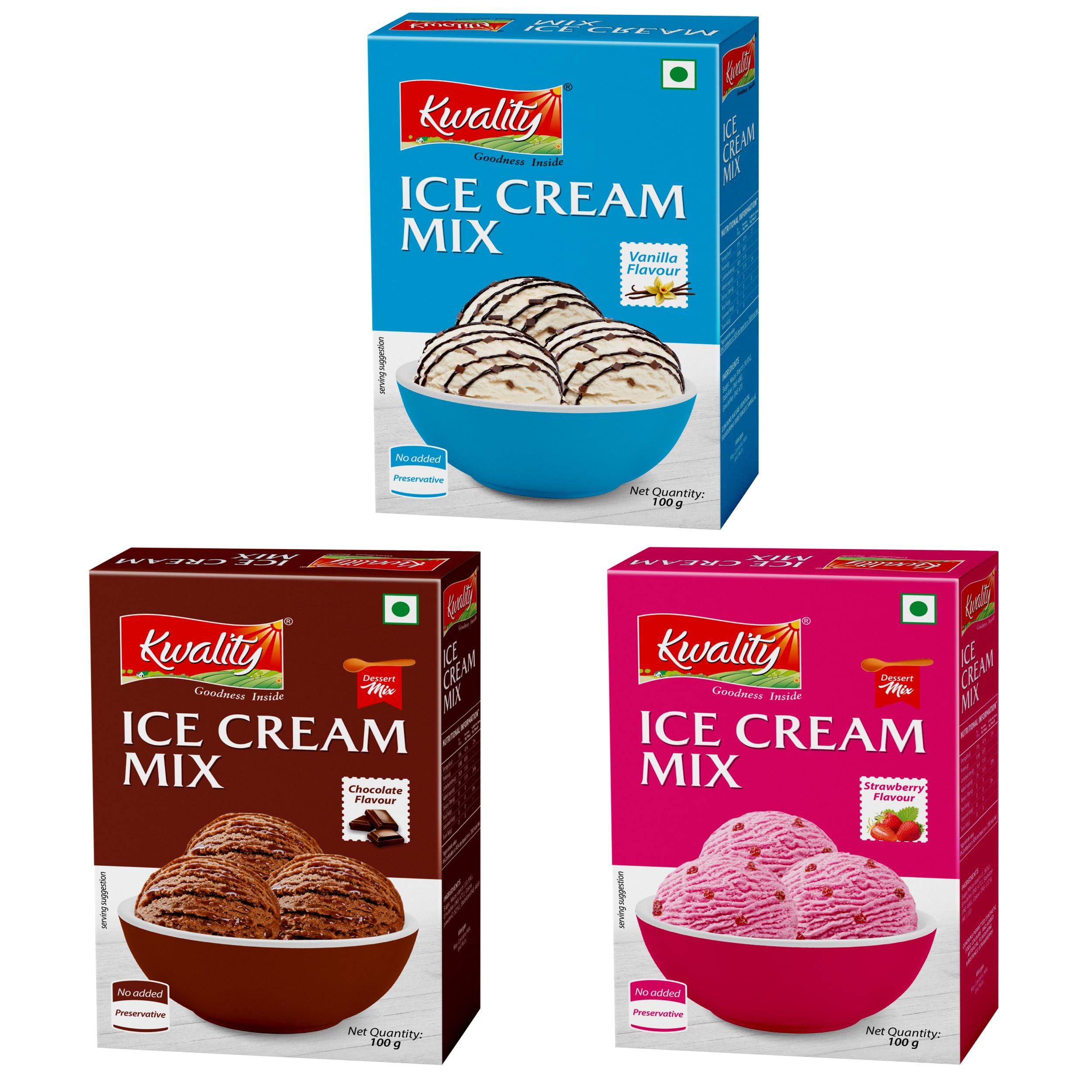 Kwality Combo Ice cream Mix 300g (Pack of 3 * 100g) | Flavors of Vanilla + Chocolate + Strawberry | Summer Treat Ready Mix | No Preservatives | No Hassle.