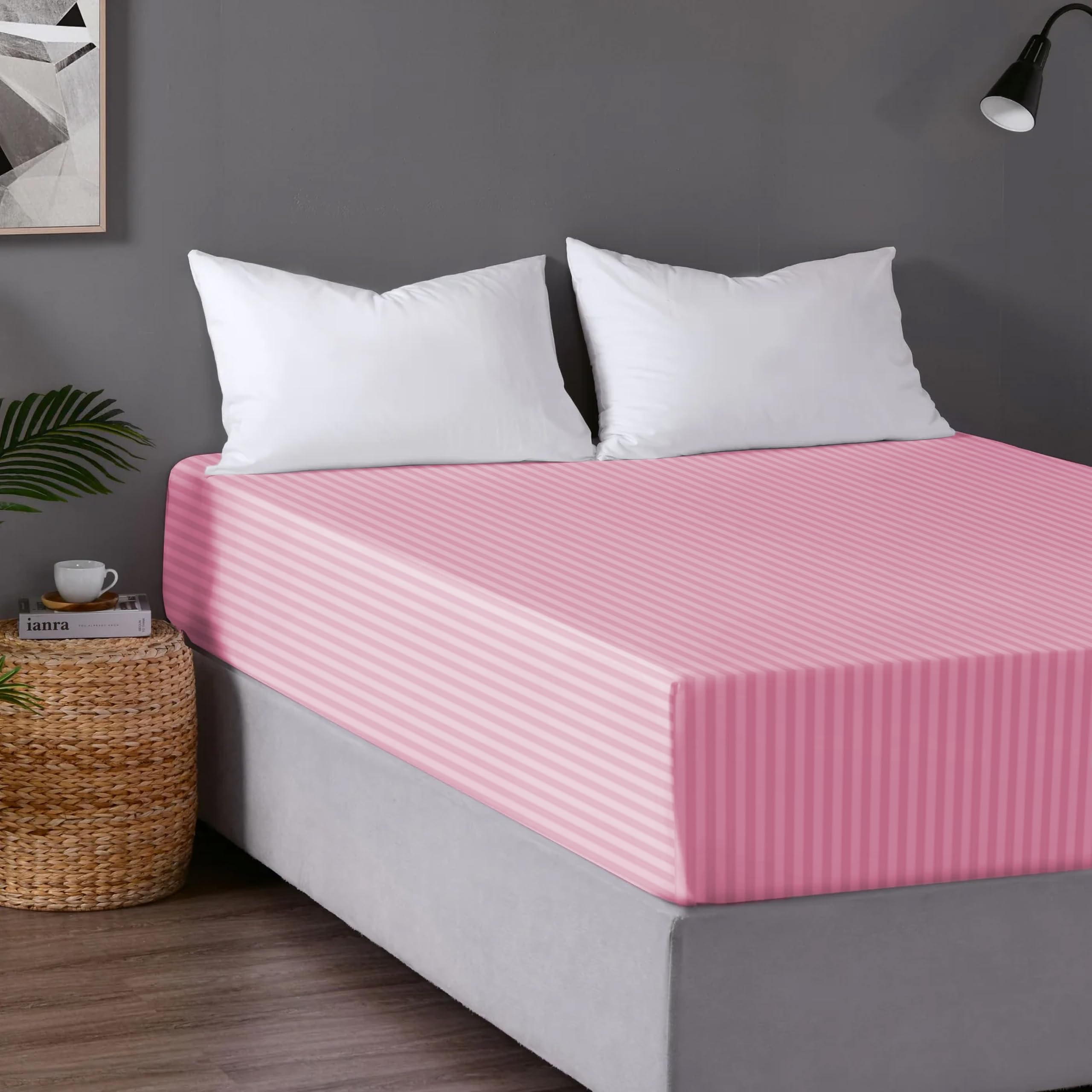 Luxury Hotel Quality Embossed Stripe Fitted Sheet, Easy Care Hypoallergenic Durable 30 cm Extra Deep Satin Stripe Fitted Bed Sheets, Pink - King (153x200 +30) cm