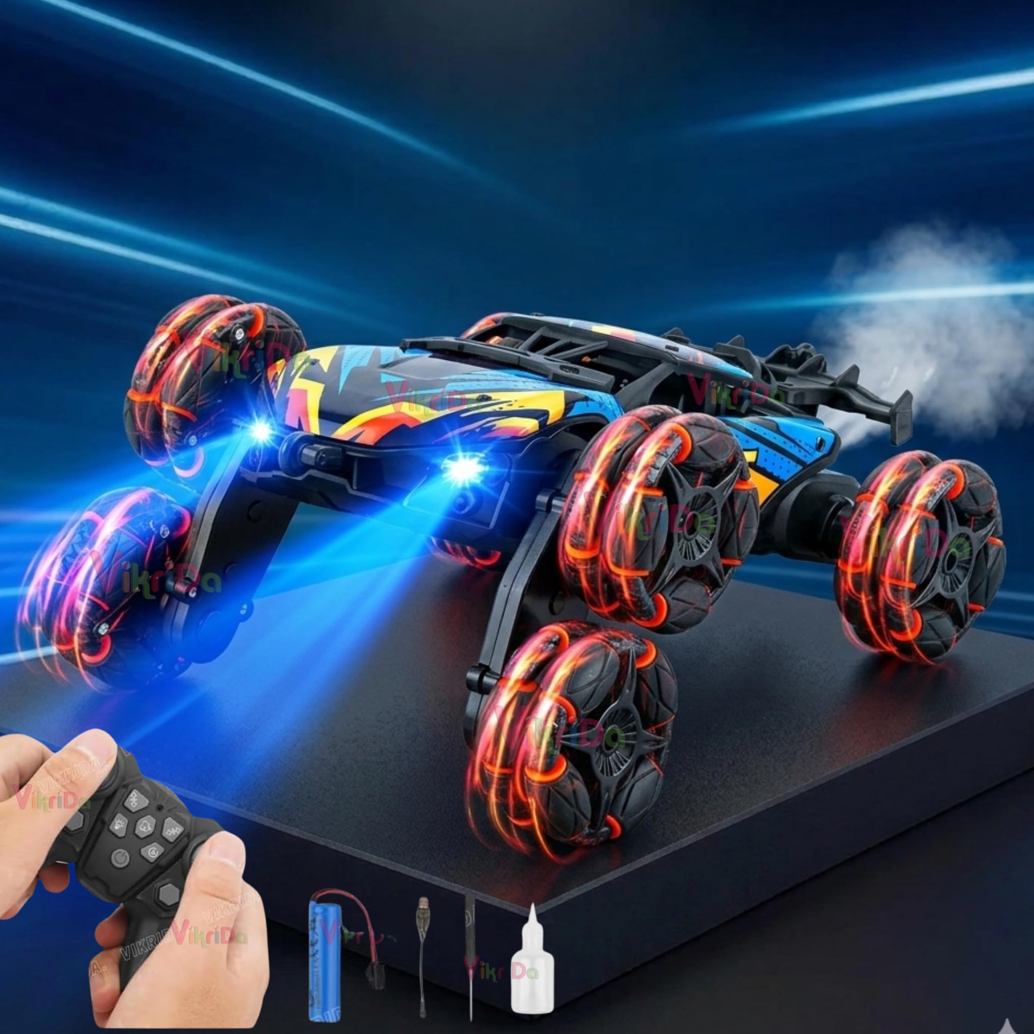 VikriDA 6 Wheel Stunt RC Car for Kids | 2.4GHz Remote Control Car with Lights, Spray Function & 360° Rotating Off-Road Toy Car – Multicolor