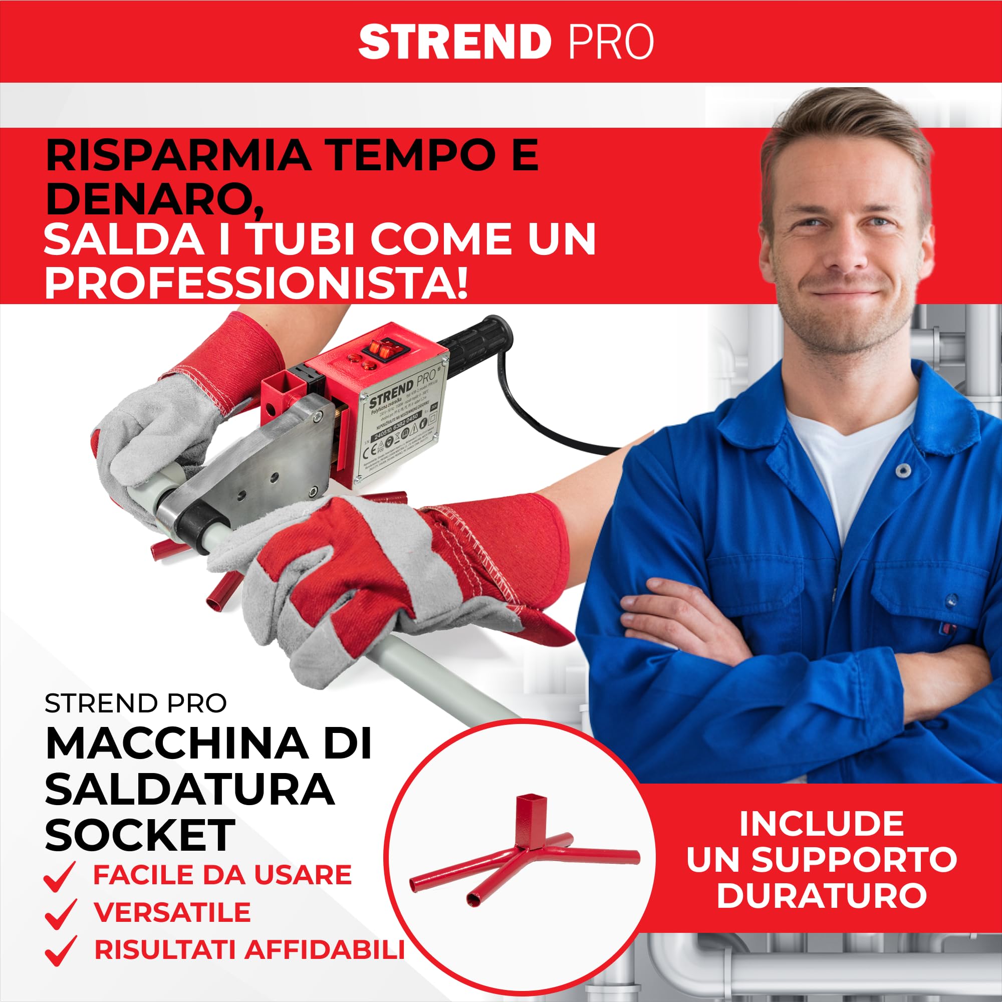 STREND PRO Saldatrice a Manicotto | 1500W Polifusione | Per Tubi in Plastica Ø20–63 mm - PPR, PE | Saldatrice Professionale con 14 Accessori | Regolazione 0–300°C