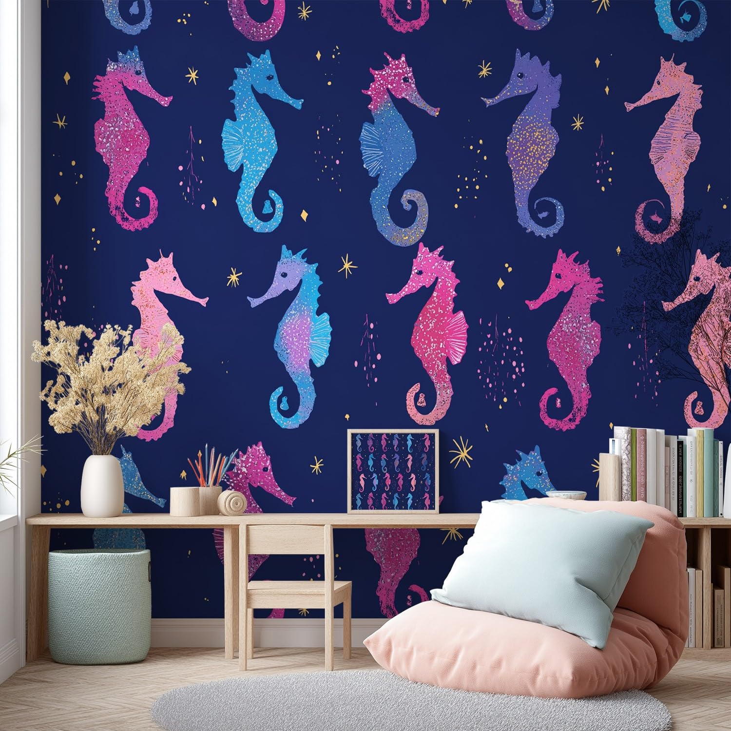Tapeta 3D, kreskówka, fantazja, tajemnicza tapeta 400 x 280 cm, konik morski, tapeta ze zwierzętami, mural do sypialni, przedszkola, malowniczego ogrodu