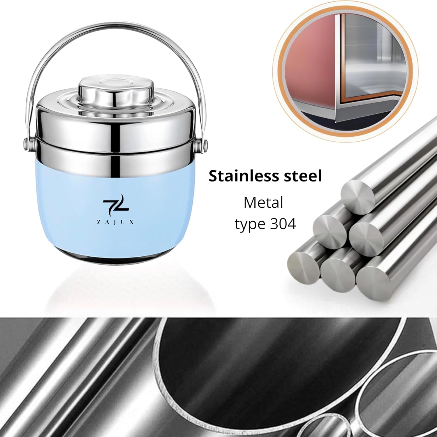 Stainless Steel Lunch Box Light Blue for Adults, Large Capacity 51 oz (1.5 L), Double compartment, keeps food Fresh and Warm, Ideal for Work and Travel, Leak-Proof, Portable.Includes Special Bag