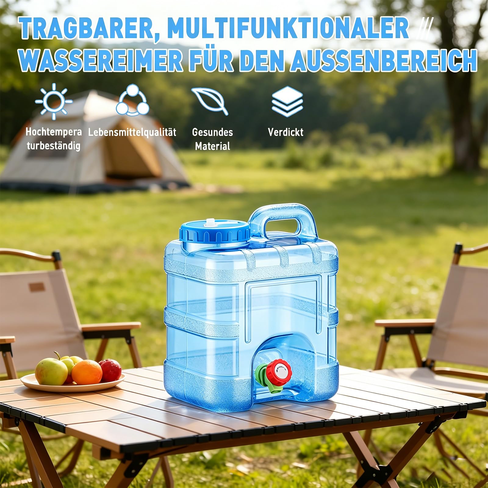Tanica dell'acqua da 10 l con rubinetto e accessori, serbatoio dell'acqua da campeggio in materiale PC, senza BPA, maniglie per il trasporto, con tubo, spazzola, coperchio, ideale per viaggi