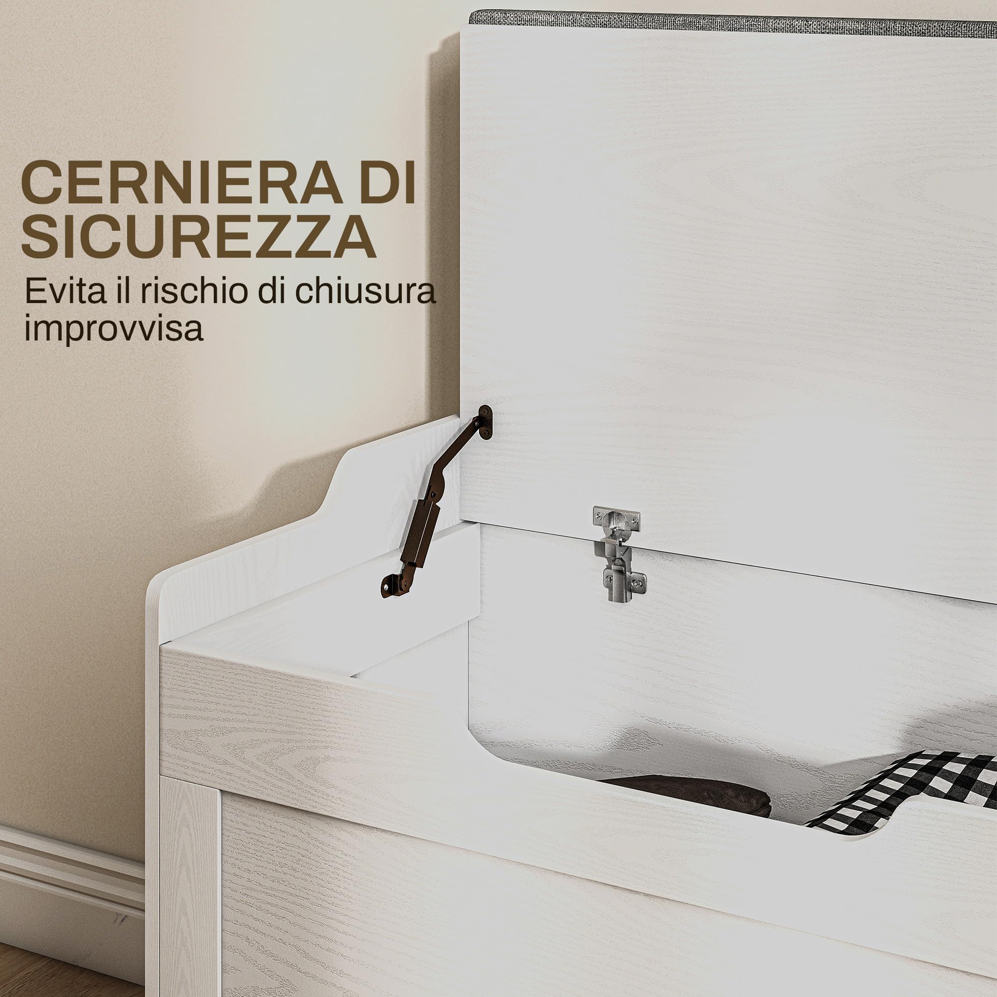 HOMCOM Cassapanca da 103L, Panca Contenitore Multiuso con Cuscino in Tessuto Lavabile, Panca Portaoggetti in Legno per Ingresso, Corridoio, Camera da Letto, Soggiorno, 75x40x56 cm, Bianco