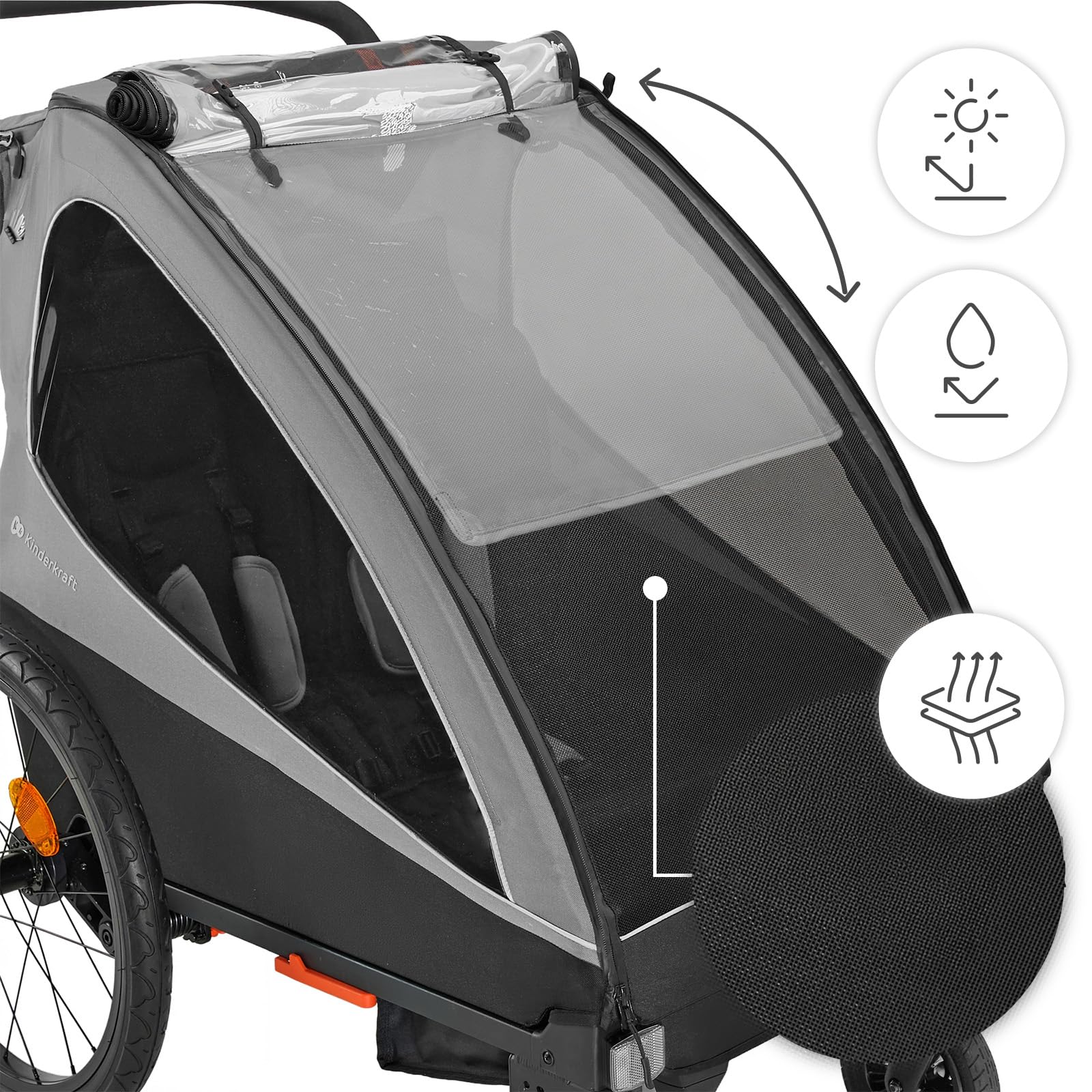 Kinderkraft NAVA Walk 2-in-1 Fahrradanhänger und Buggy für 2 Kinder, aufpumpbare Räder, verstellbare Federung, 9-Fach Verstellbarer Schiebegriff, UV-Schutz, Moskitonetz, wasserdicht, Grau