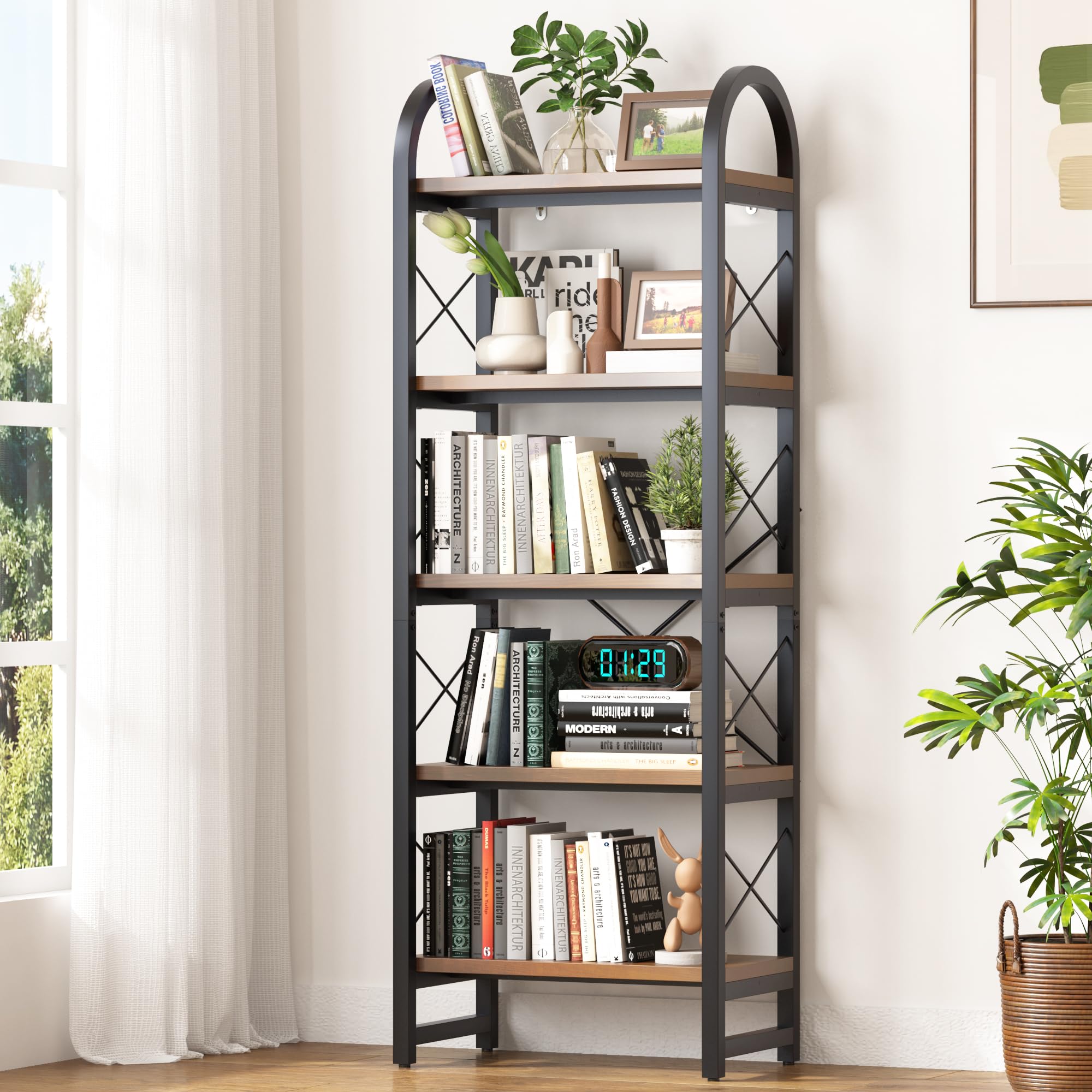 5-Tier Arched Industrial Bookcase and Book Shelves, Rustic Solid Wood Bookshelf with Metal Frame, Display Book Case 5 Shelf, Vintage Storage Rack with