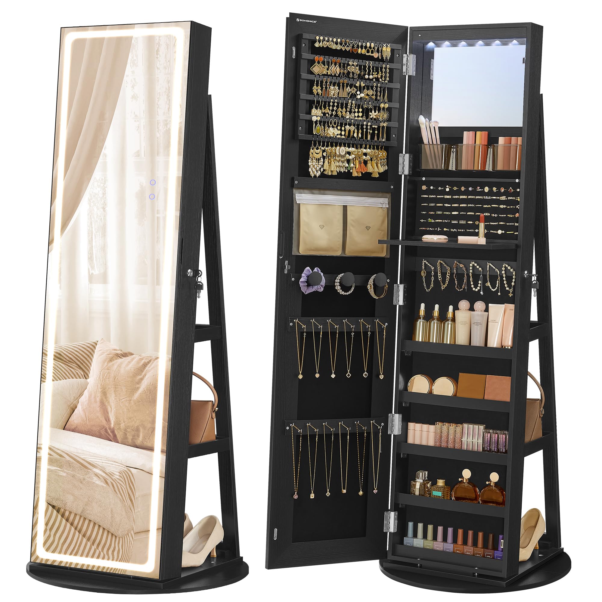 SONGMICS LED Jewelry Cabinet Standing, Lockable Armoire With Full-Length Mirror and Adjustable Lights, Space-Saving Organizer, Gift Idea, Ink Black UJJC008B01