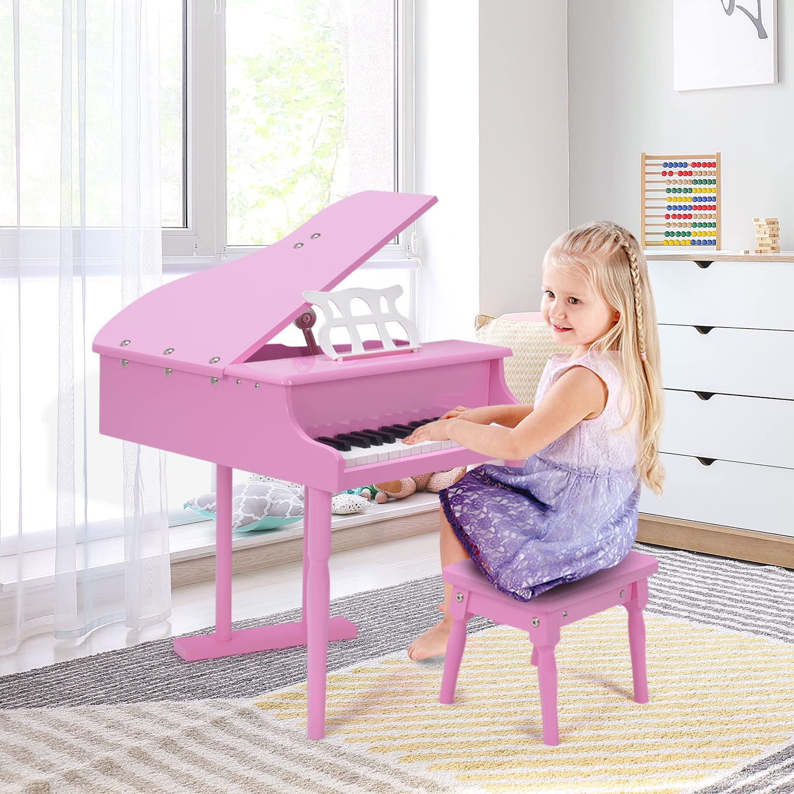 FIREFLOWERY 30-Key Kids Piano Keyboard, Mini Grand Piano for 3 Years+, Toddler Musical Instrument with Stool & Removable Music Stand, Wooden Baby