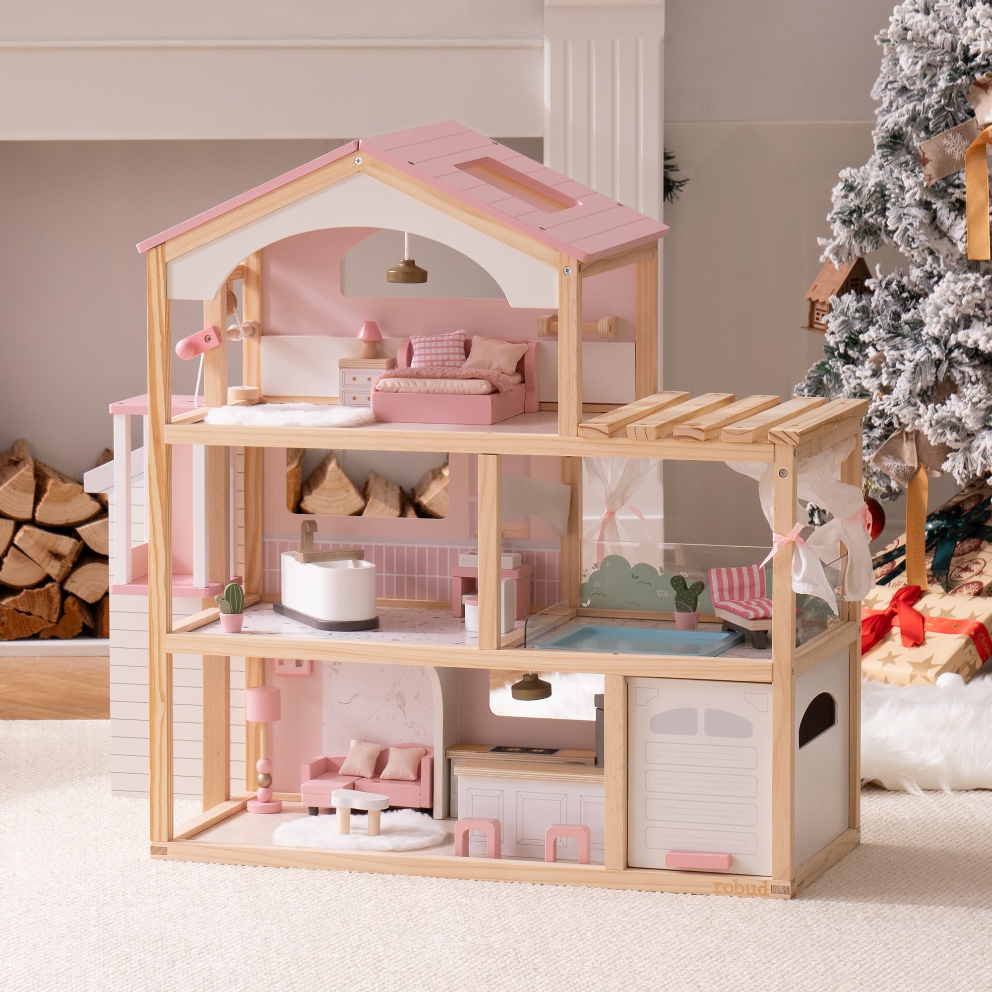 ROBUD Puppenhaus aus Holz,Puppen-Villa mit Möbel,Mit Aufzug, Garage, Pavillon und Schwimmbad,Geschenk für Kinder ab 3, 4, 5, 6 Jahren und älter,Rosa