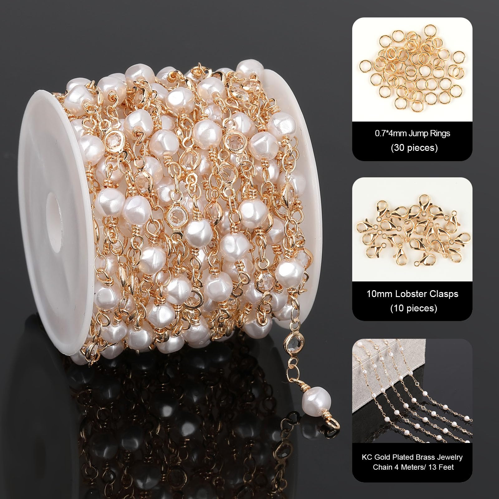 YOUBEIYEE 4 Meters Gold Plated Chain for Jewelry Making Artificial Pearl Chain Roll with Jump Rings and Lobster Clasps Jewelry Supplies Findings