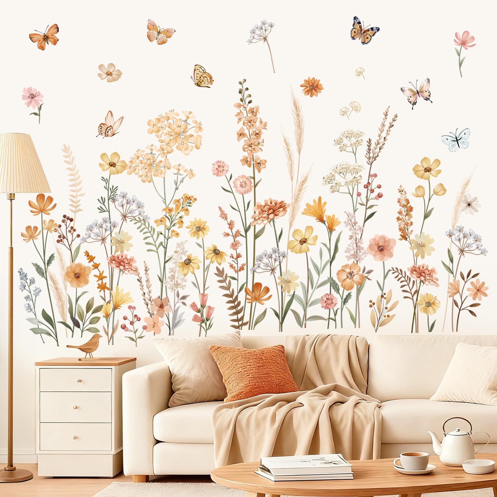 wondever Pegatinas de Pared Jardín de Flores Boho Adhesivos Decorativos Flores Silvestres Hierba Mariposas Vinilos Pared para Habitación Niña Dormitorio Salón
