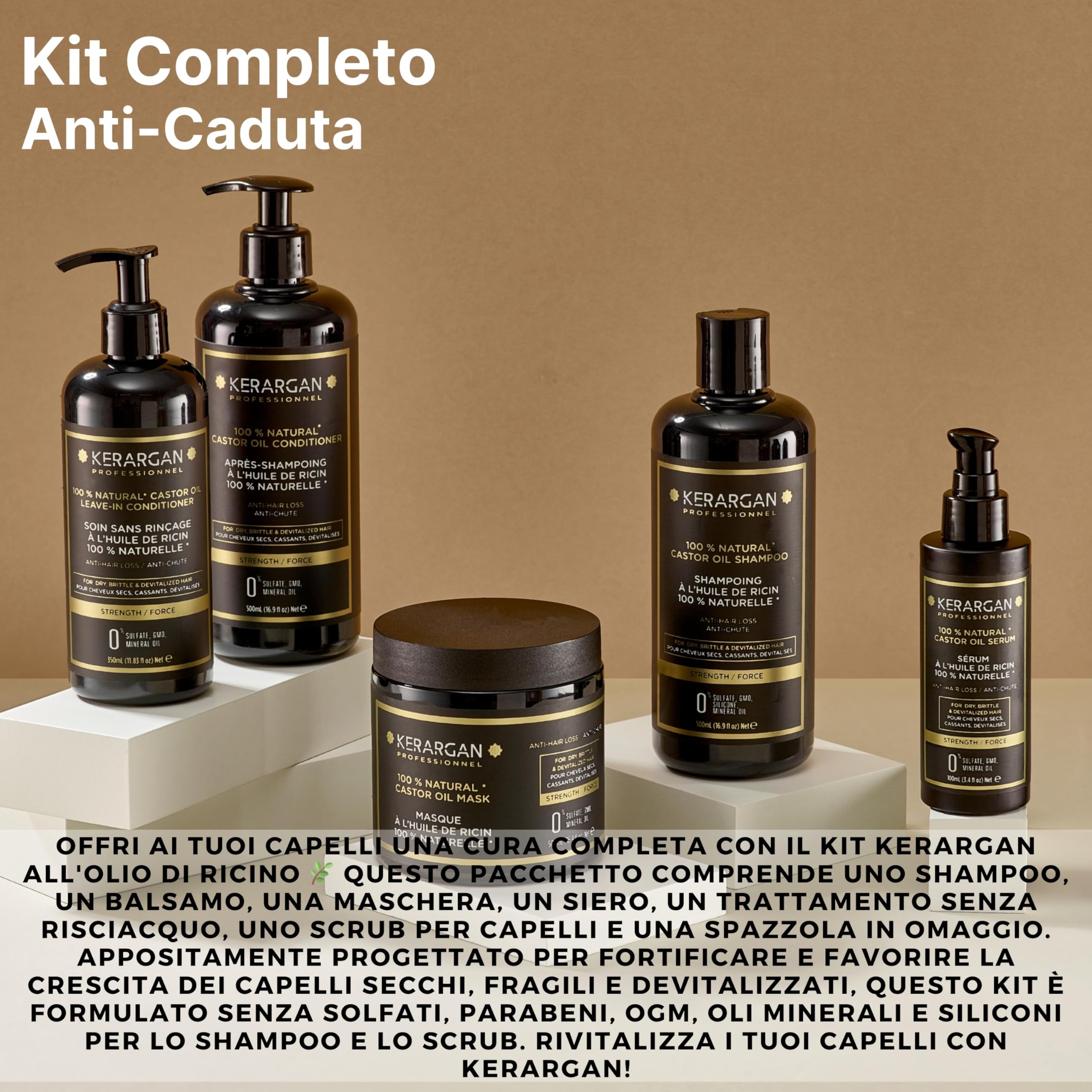 KERARGAN - 6-Staps Complete Ricinusolie Routine - 3x500ml+100ml+350ml+250ml | Zesstaps ricinusolieroutine met shampoo, conditioner, haarmasker, serum, leave-in en hoofdhuid-scrub