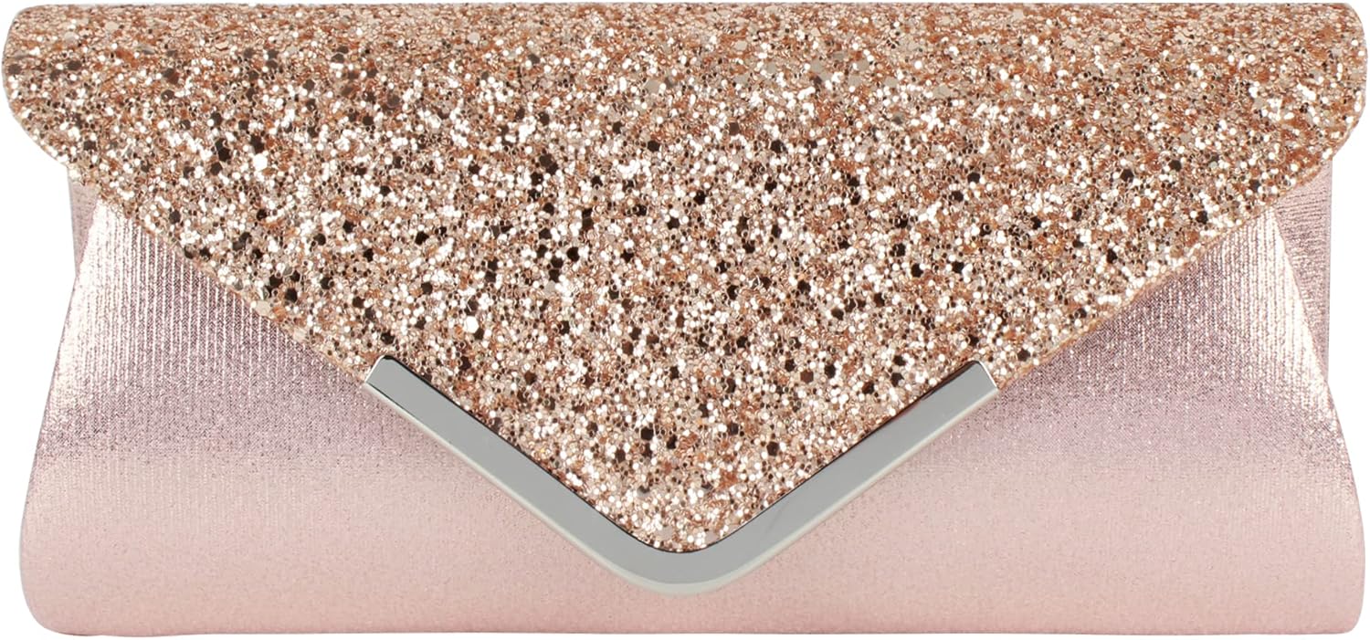 Queena Womens Shiny Sequins Evening Clutch Envelope Handbag Chain Purse for Wedding Party Prom Gift for Mom Wife Girlfriend Pink, Pink