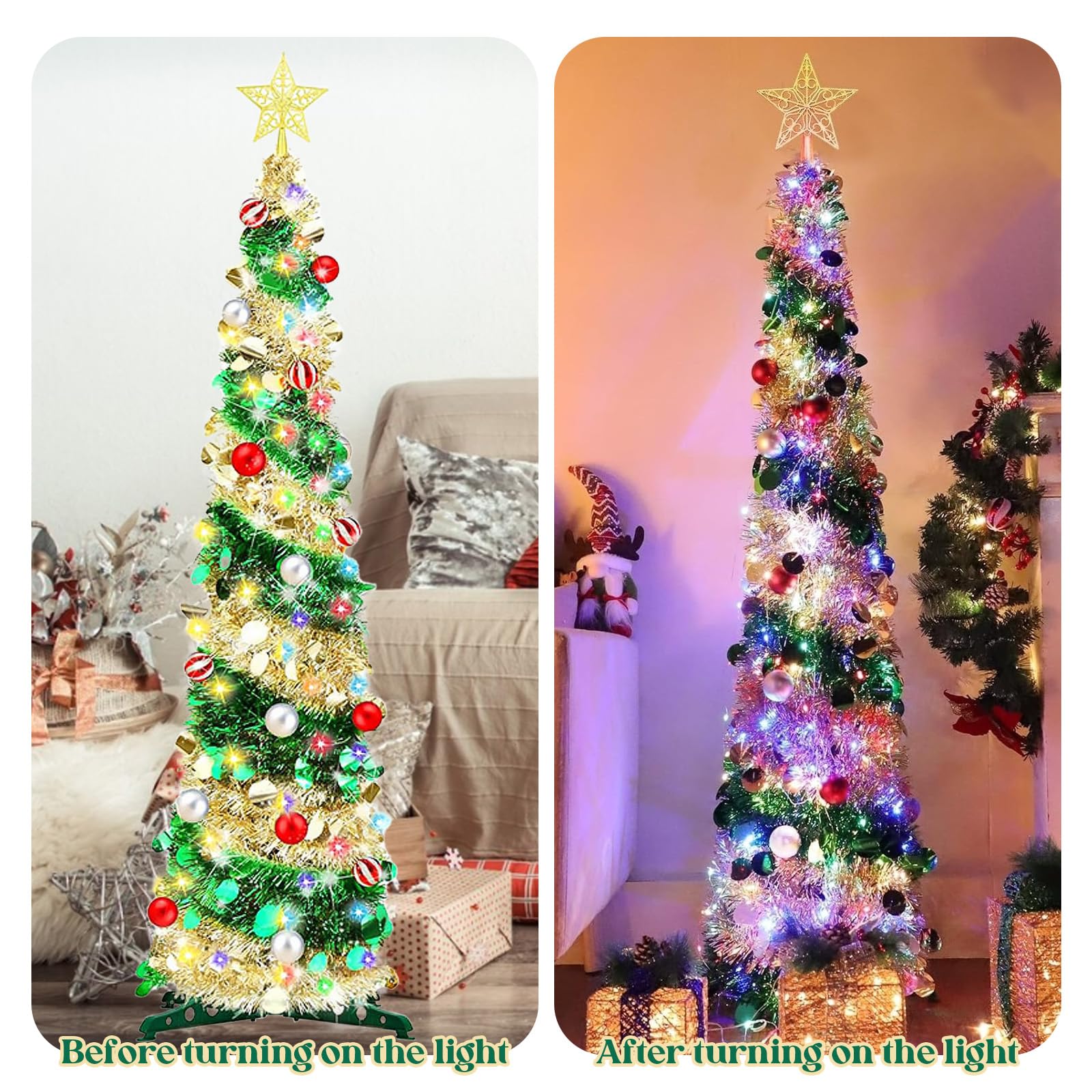 Kensbro 5 Fuß Pop Up Weihnachtsbaum, Kunstbaum Weihnachten, Weihnachtsbaum Fertig Geschmückt, Faltbarer Weihnachtsbaum mit 5m LED für Zuhause Geschäft Büro