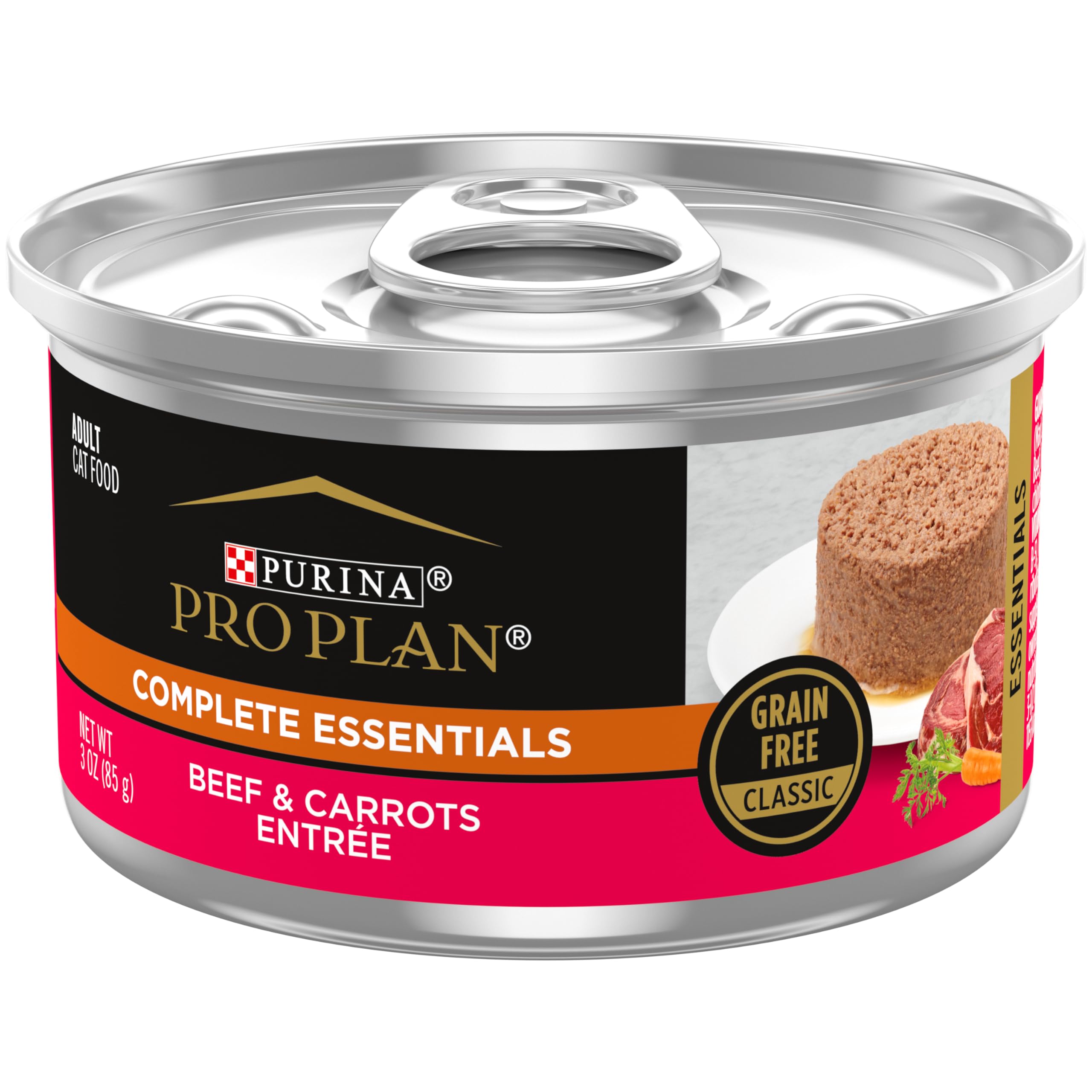 Purina Pro Plan Grain Free Wet Cat Food Pate, COMPLETE ESSENTIALS Beef & Carrots Entree Classic - (Pack of 24) 3 oz. Pull-Top Cans
