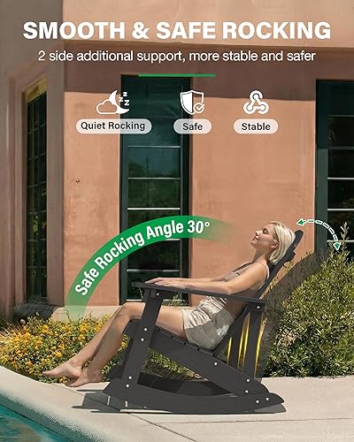 Miniatura 4 de YEFU Mecedora para exteriores, mecedora Adirondack, silla mecedora de patio con respaldo ancho, silla mecedora de gran tamaño con aspecto de madera