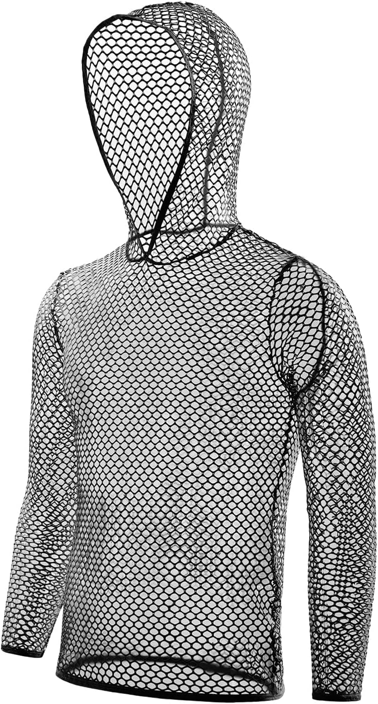 Mens Fishnet Hoodie Mesh Shirt See Through Undershirt Sexy Net Top Long Sleeve Muscle Shirts - Image 3