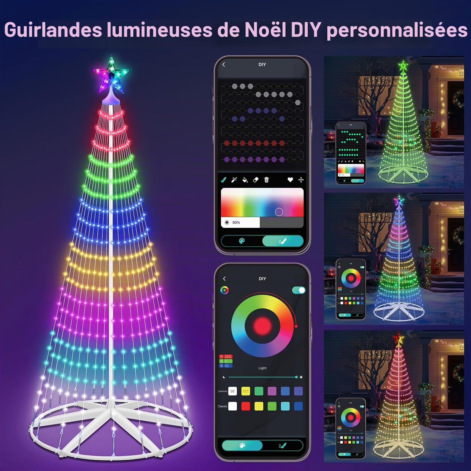 Hoofun Guirlande lumineuse LED intelligente pour sapin de Noël : 150 cm, éclairage de Noël avec étoiles, application et télécommande, prise USB, RVB à intensité variable, mode DIY, minuterie
