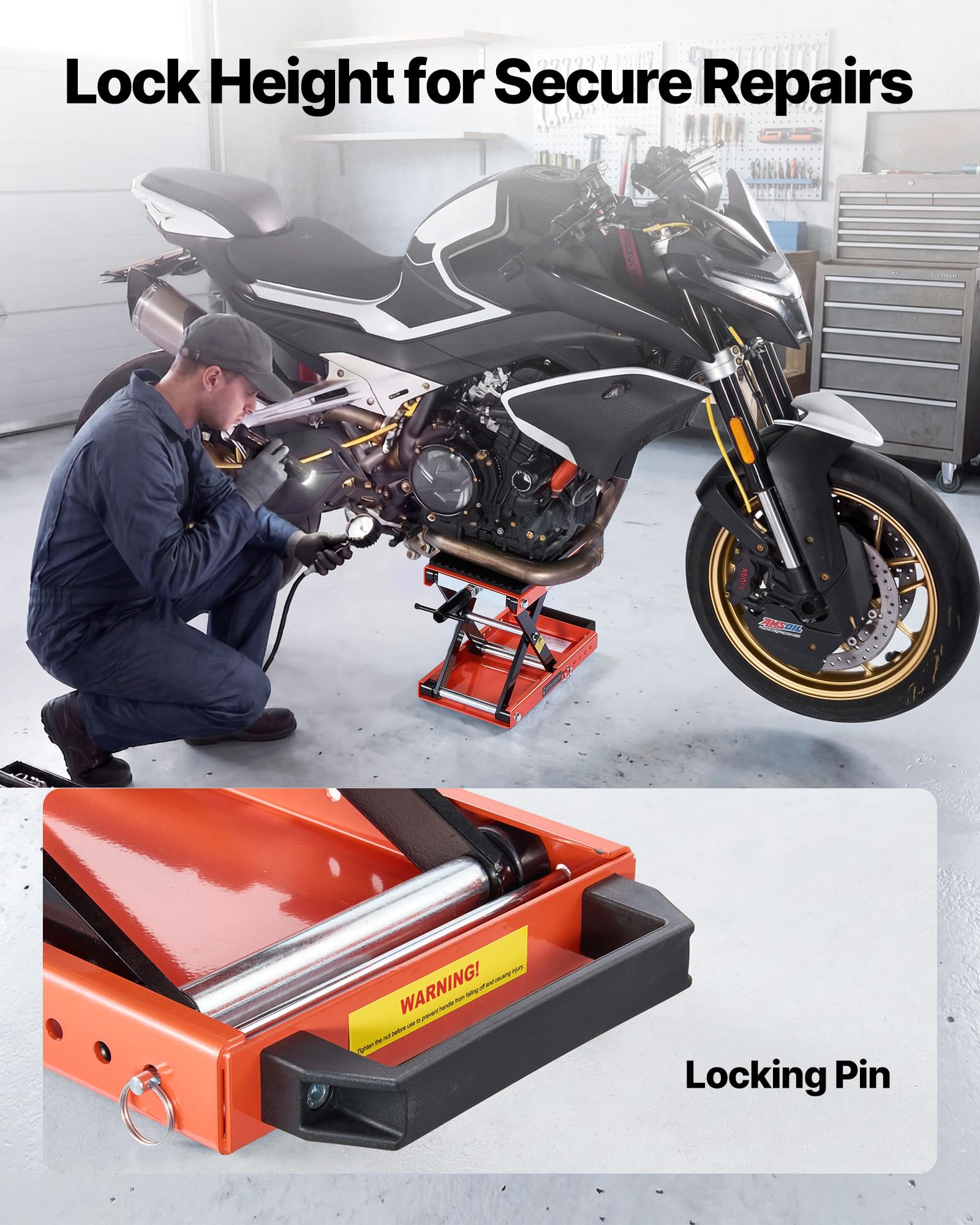 VEVOR Martinetto a Forbice per Moto, Piattaforma di Sollevamento Compatta Carico Max 680 kg, Escursione di Sollevamento 10,5-35 cm per Manutenzione Moto da Officina Garage, Sollevatore in Acciaio