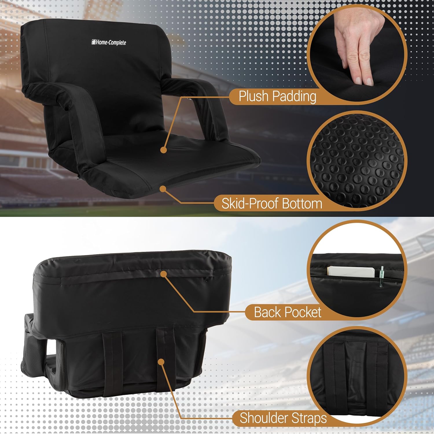 Stadium Seats - Bleacher Cushion with Padded Back Support and Armrests - 6 Reclining Positions Folding Stadium Chair with Carry Straps for Sports, Concerts, Camping, or Beach by Home-Complete