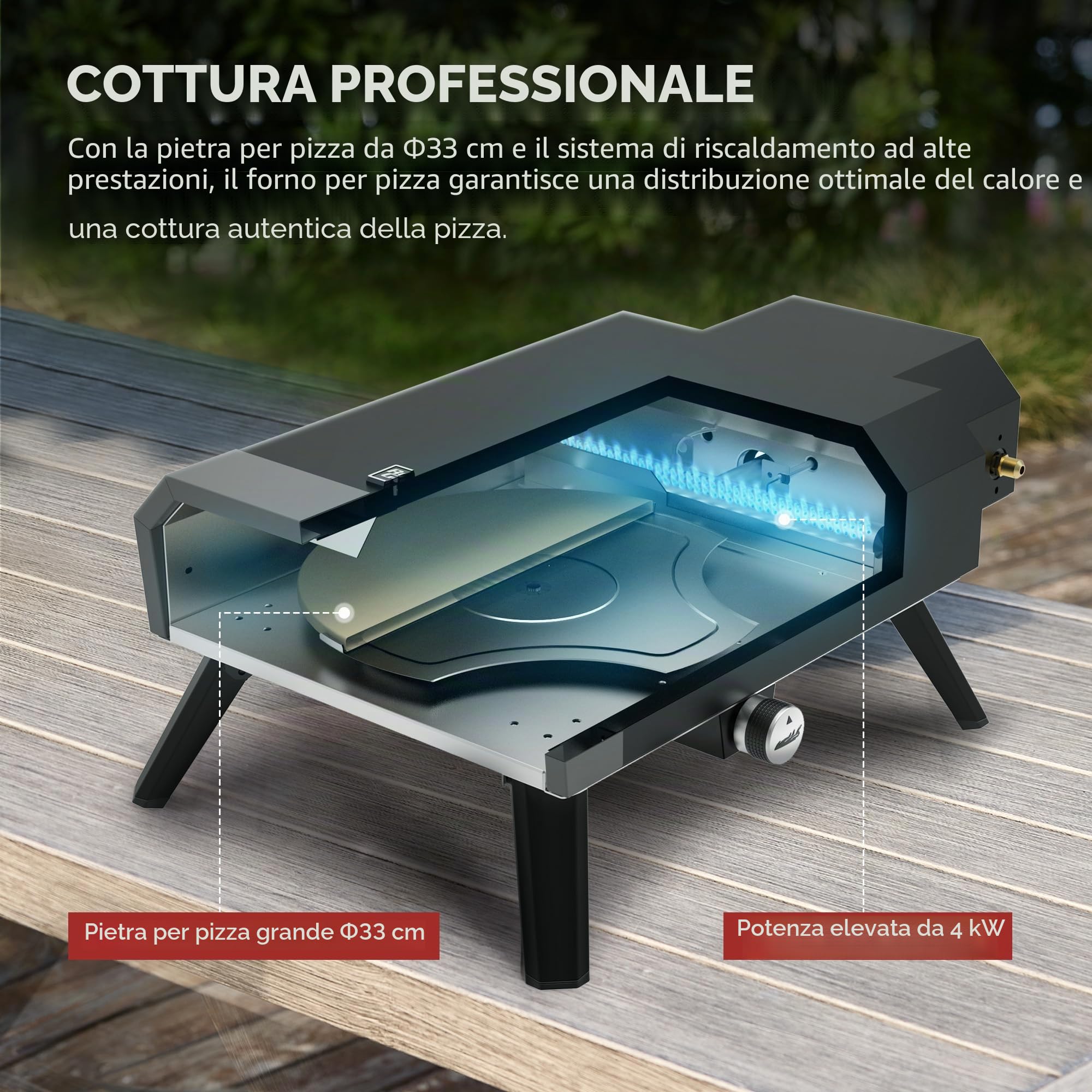 Royal Gourmet Forno per pizza compatto a gas, con pietra per pizza da 4 kW, forno a gas con tubo del gas e regolatore, forno con gambe pieghevoli per campeggio all'aperto